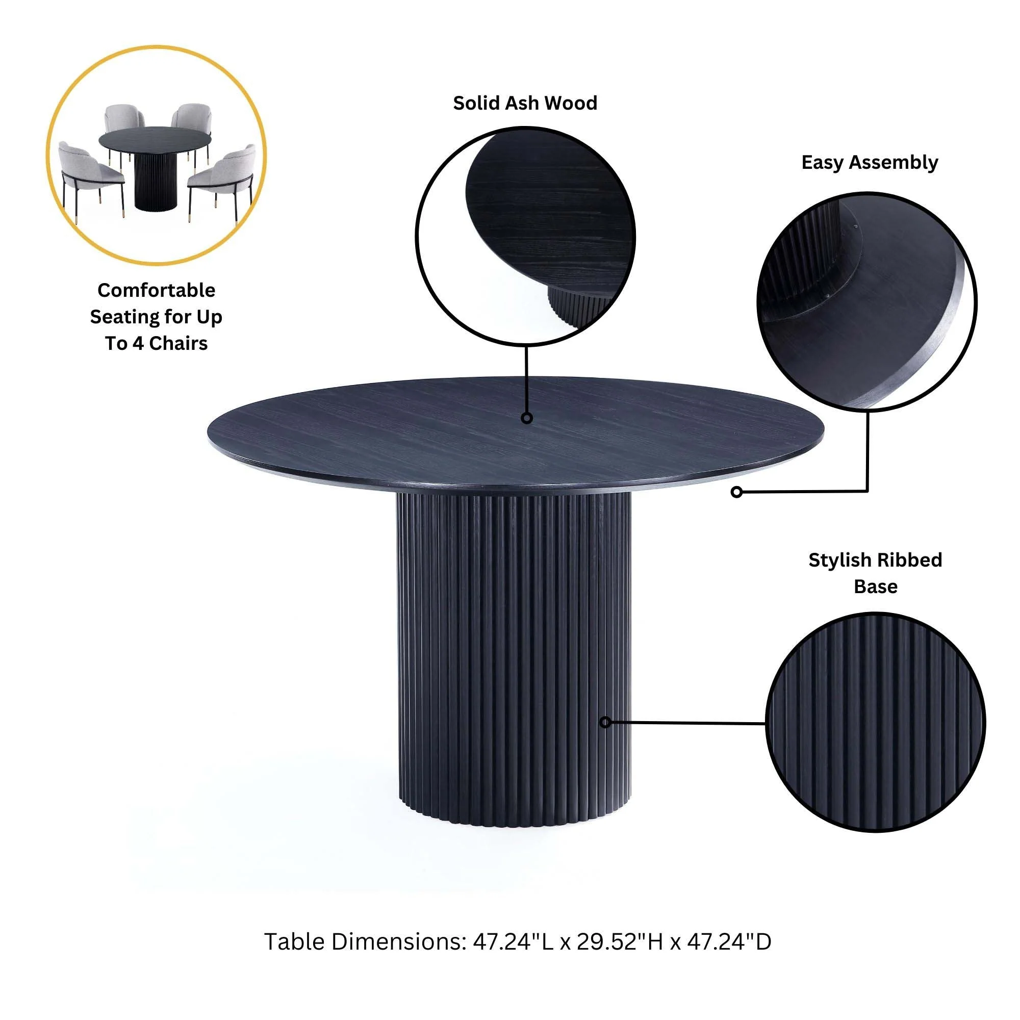 5-Piece Hathaway 47.24 Round Dining Set in Black with 4 Flor Dining Chairs in Grey - Image 5