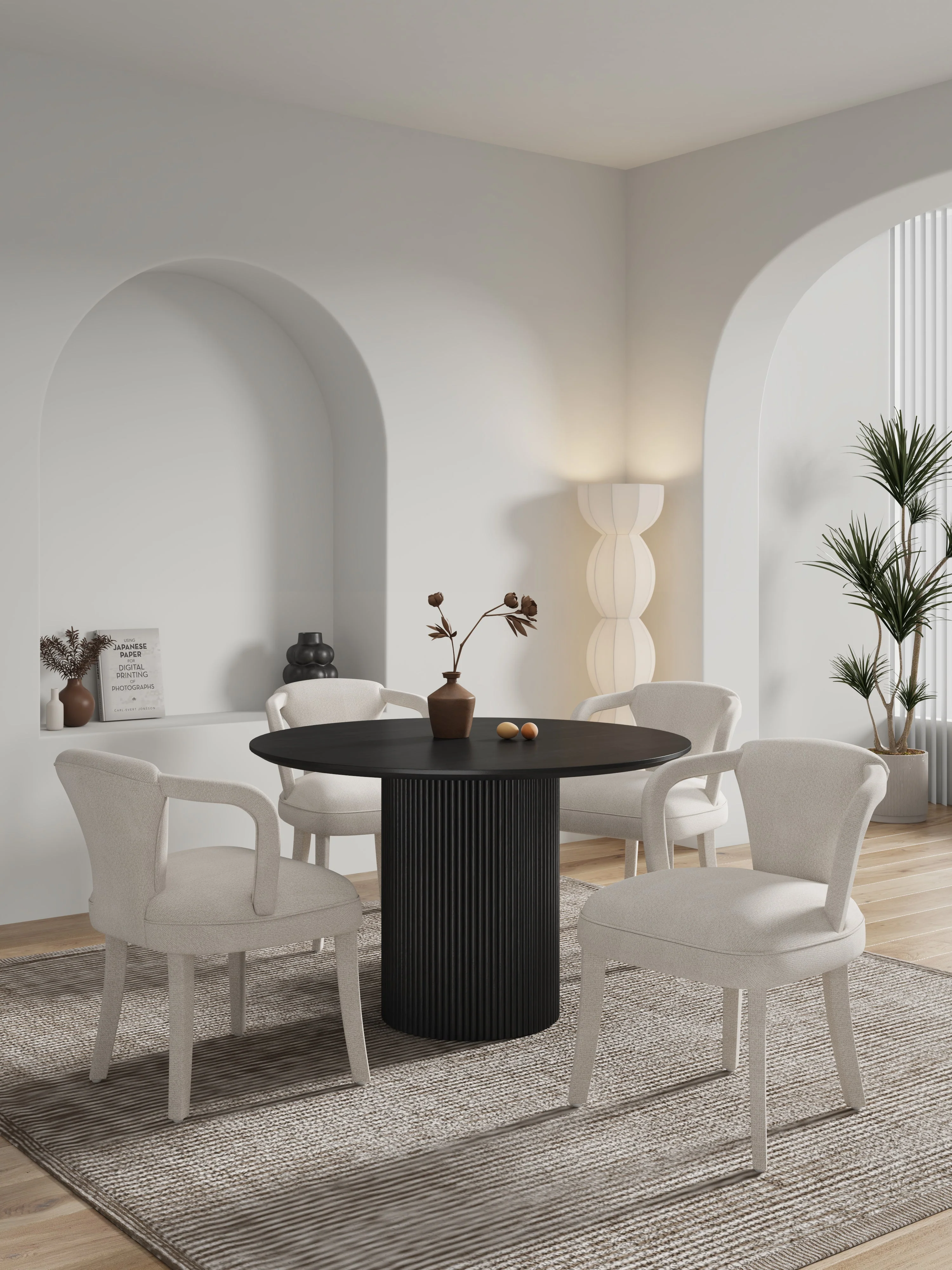 5-Piece Hathaway 47.24 Round Dining Set in Black with 4 Palmer Dining Armchairs in Ivory - Image 2