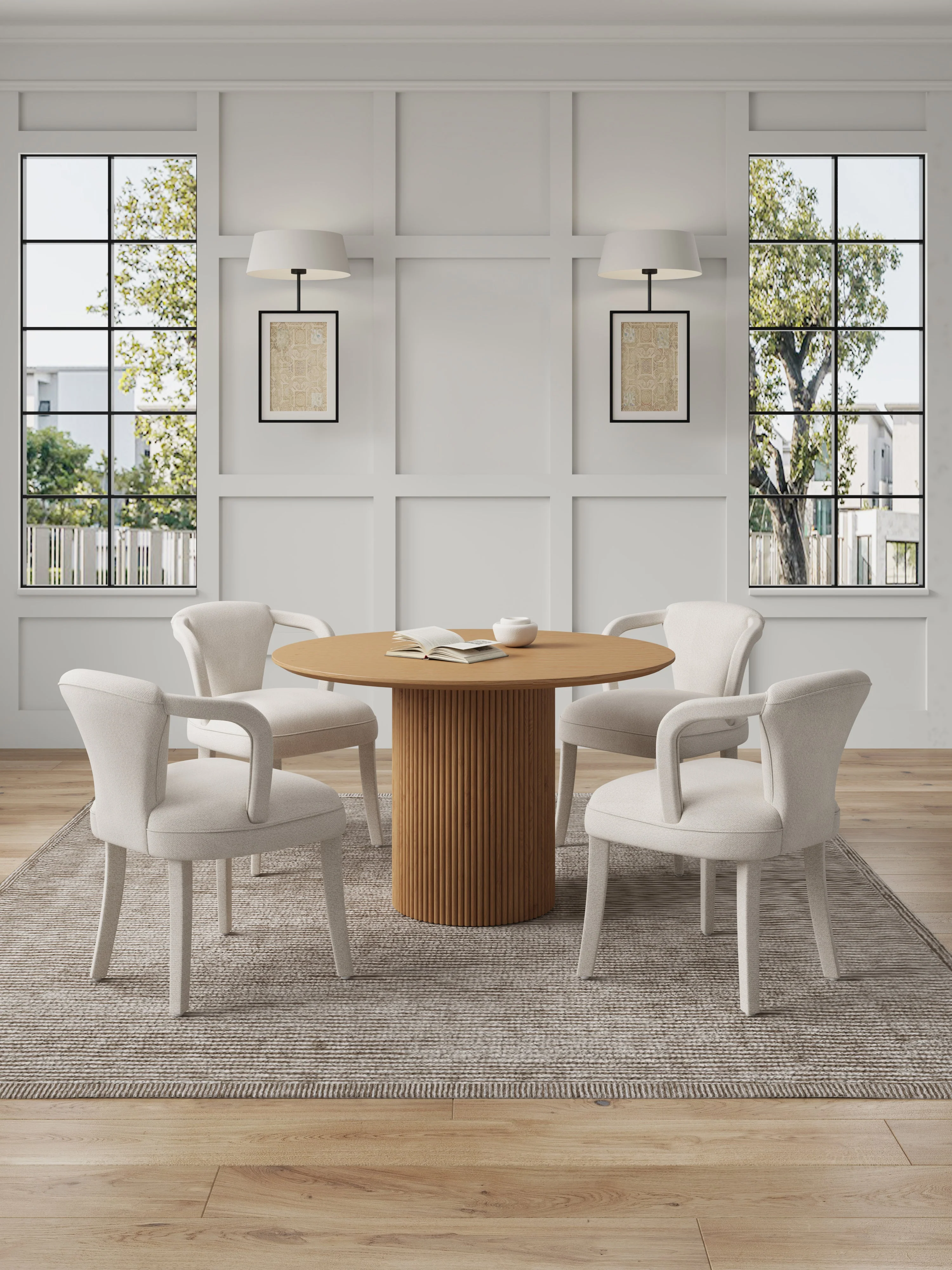 5-Piece Hathaway 47.24 Round Dining Set in Natural with 4 Palmer Dining Armchairs in Ivory - Image 2