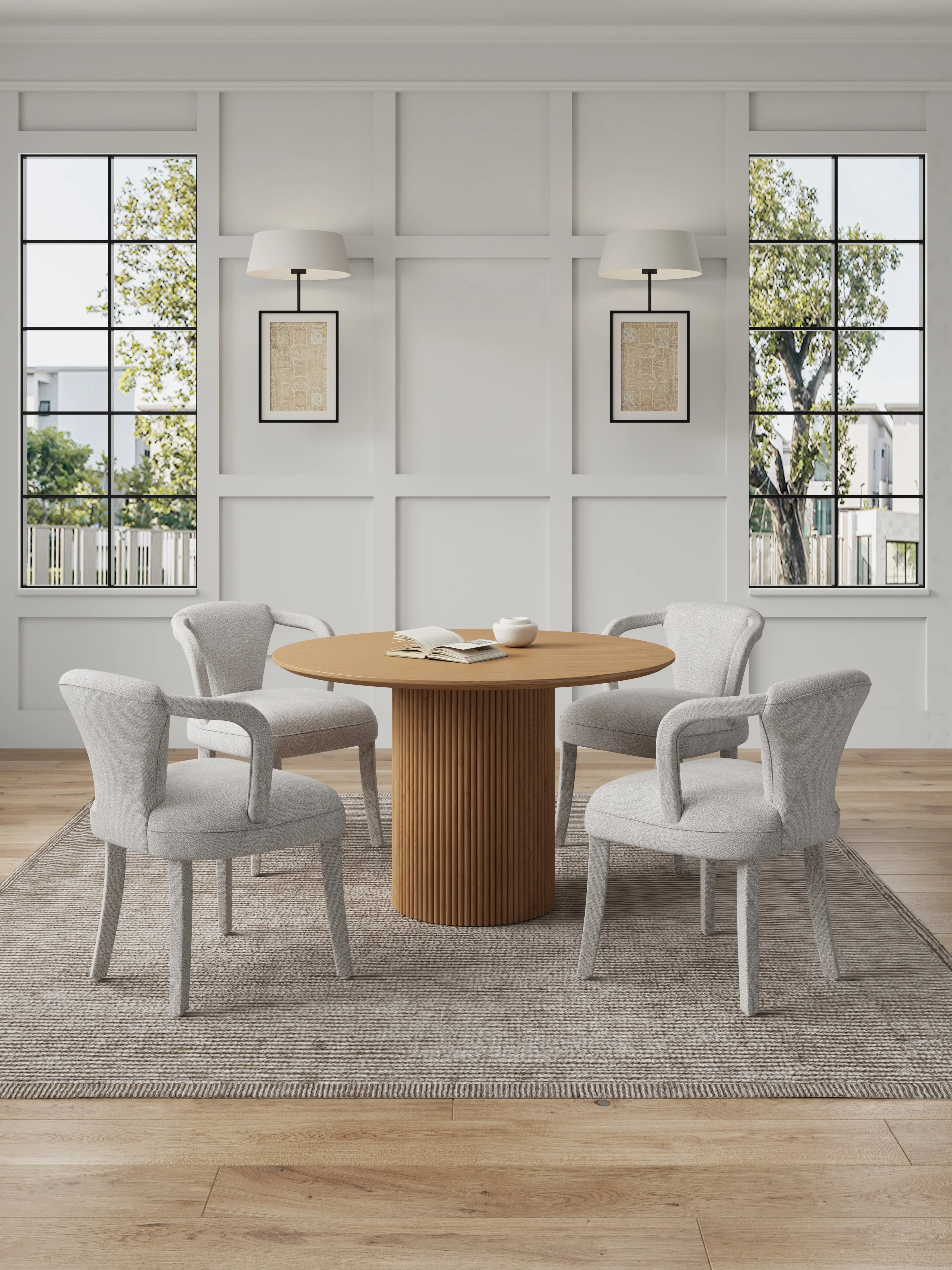 5-Piece Hathaway 47.24 Round Dining Set in Natural with 4 Palmer Dining Armchairs in Silver Lining - Image 2