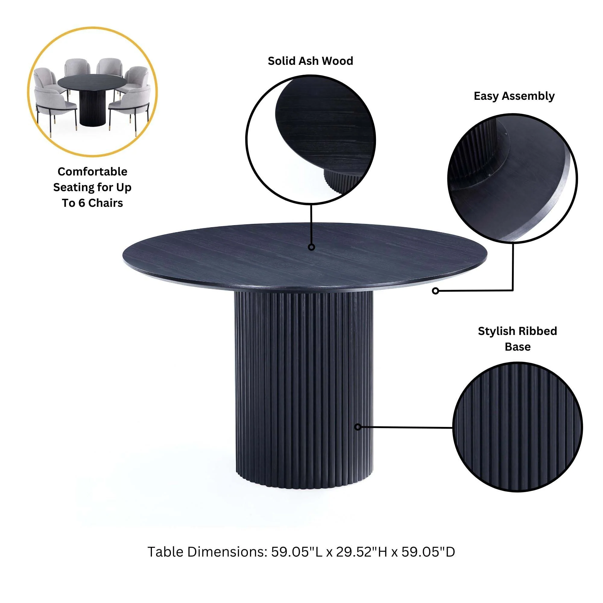 7-Piece Hathaway 59.05 Round Dining Set in Black with 6 Flor Dining Chairs in Grey - Image 6