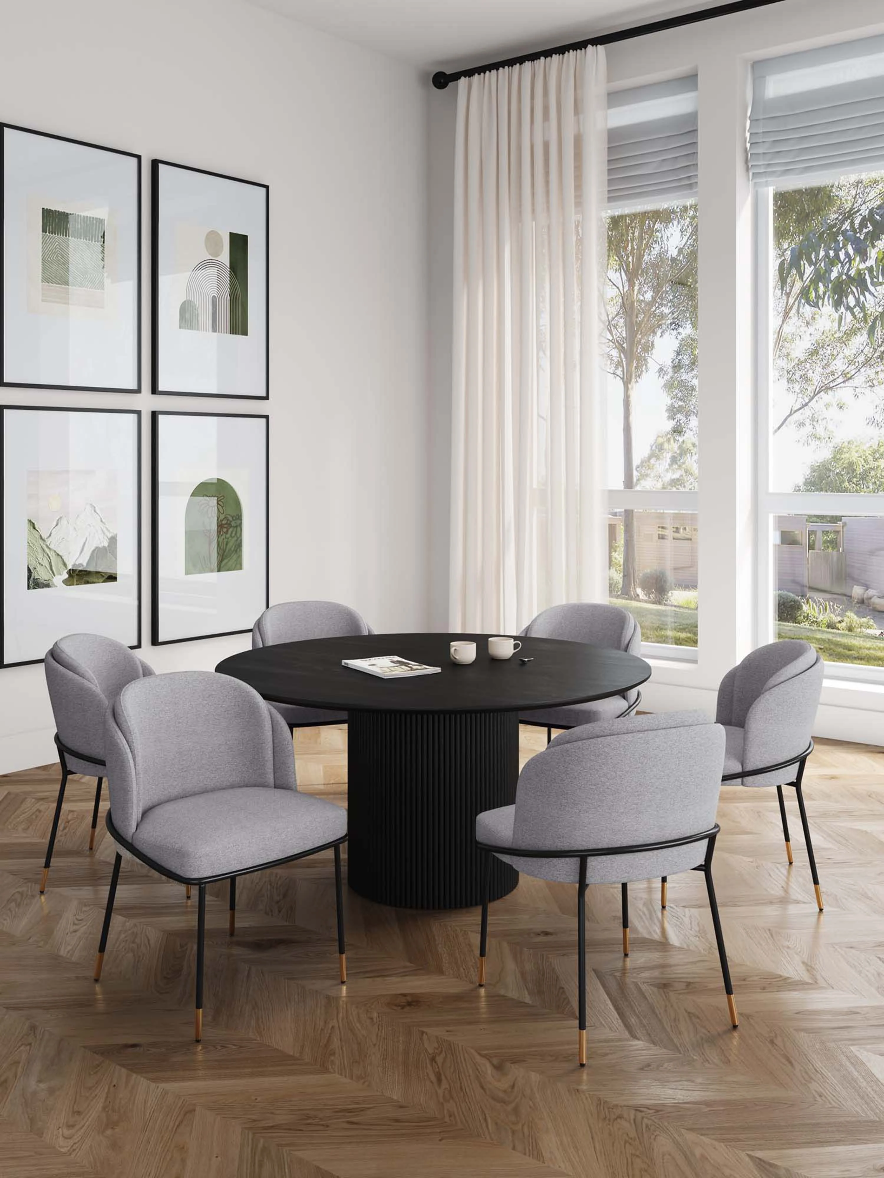 7-Piece Hathaway 59.05 Round Dining Set in Black with 6 Flor Dining Chairs in Grey - Image 2