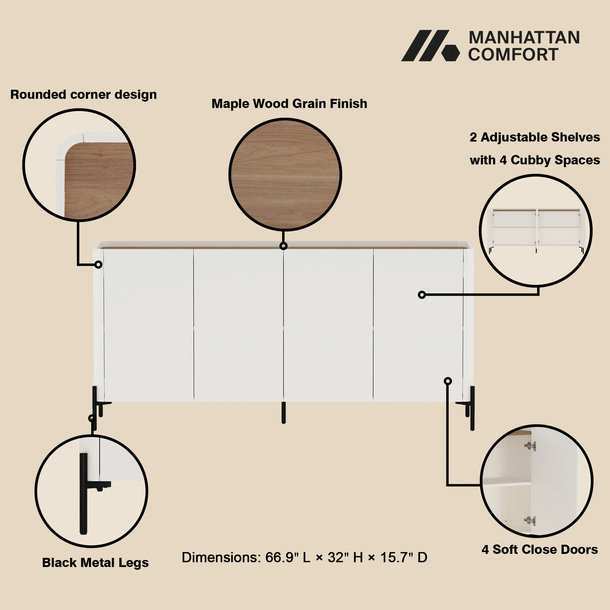 Abbey 66.9" Sideboard in Maple and Off White - Image 4