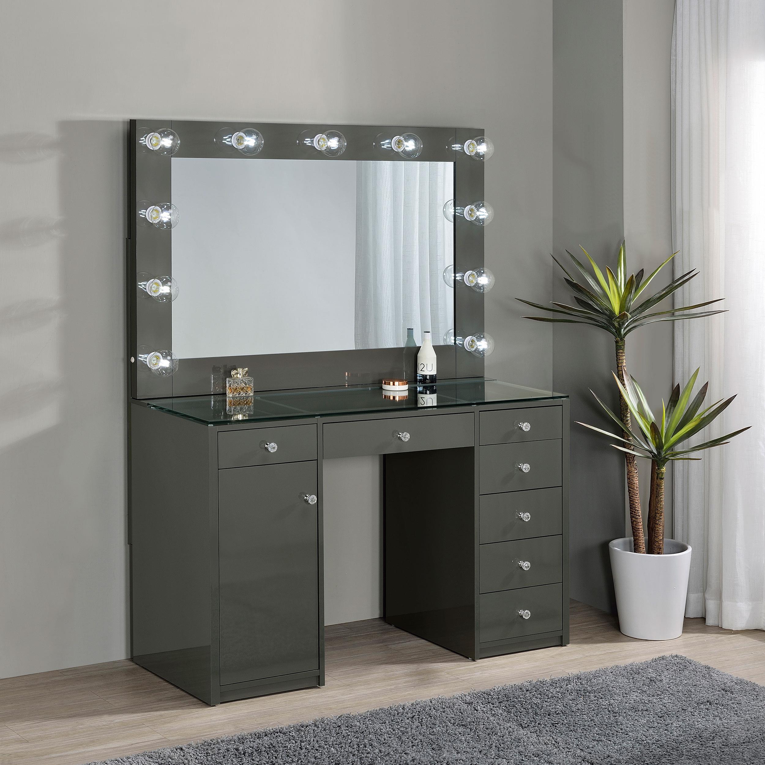 Acena Grey High Gloss 7-drawer Vanity Set with Lighting - Image 2
