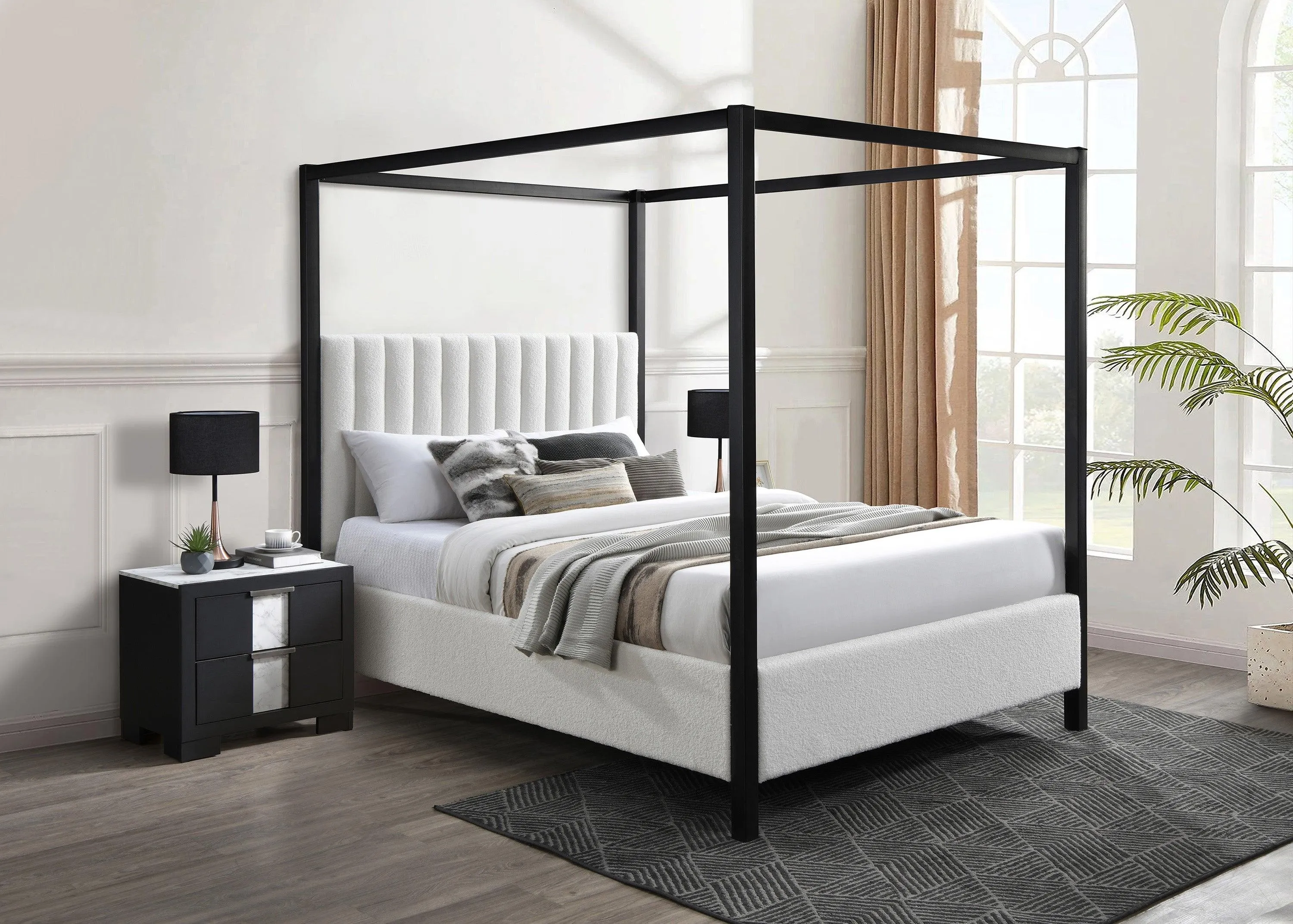 Adalyn Black and White Boucle King Canopy Bed - Image 2