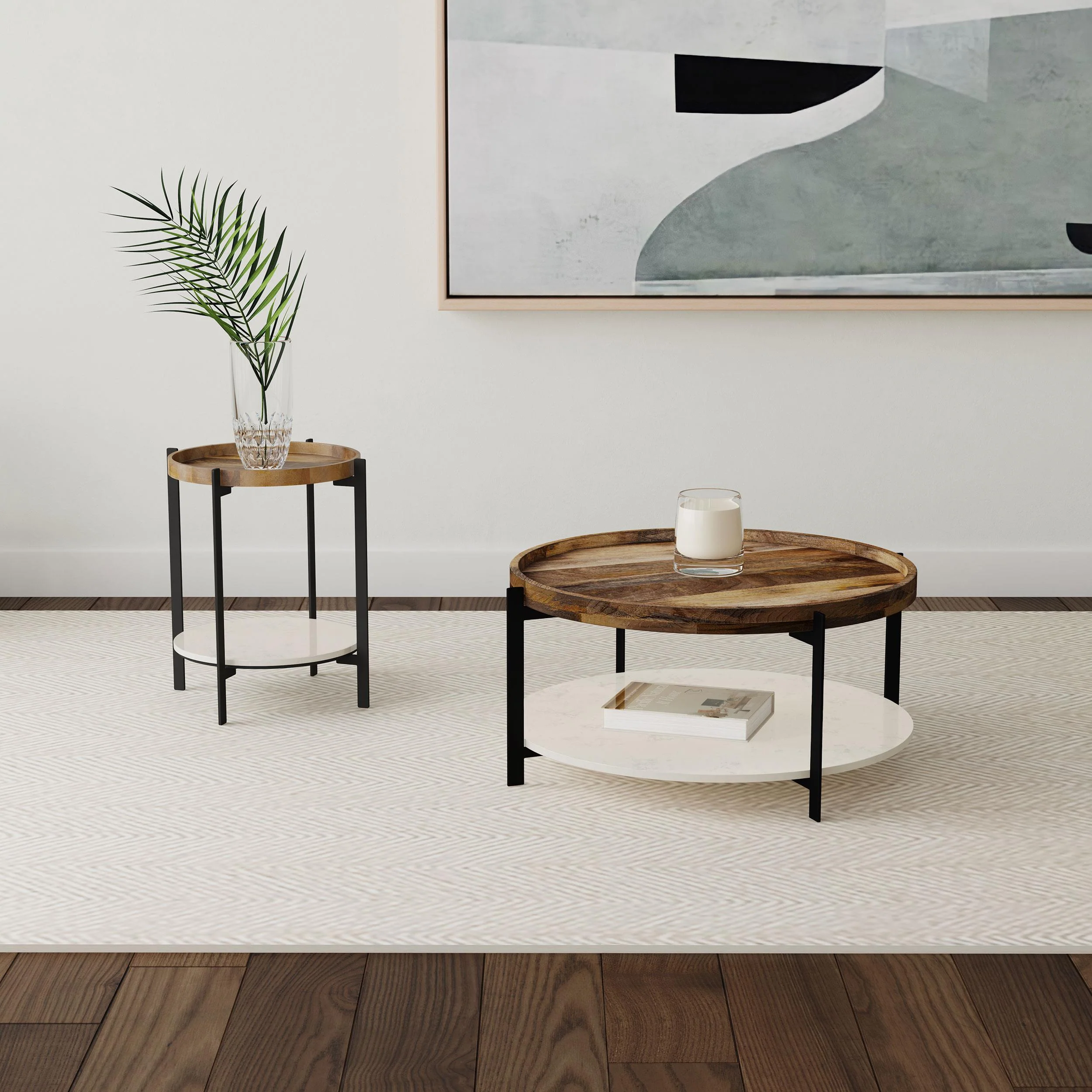 Adhvik Natural Round Wood Top Coffee Table with Marble Shelf - Image 4