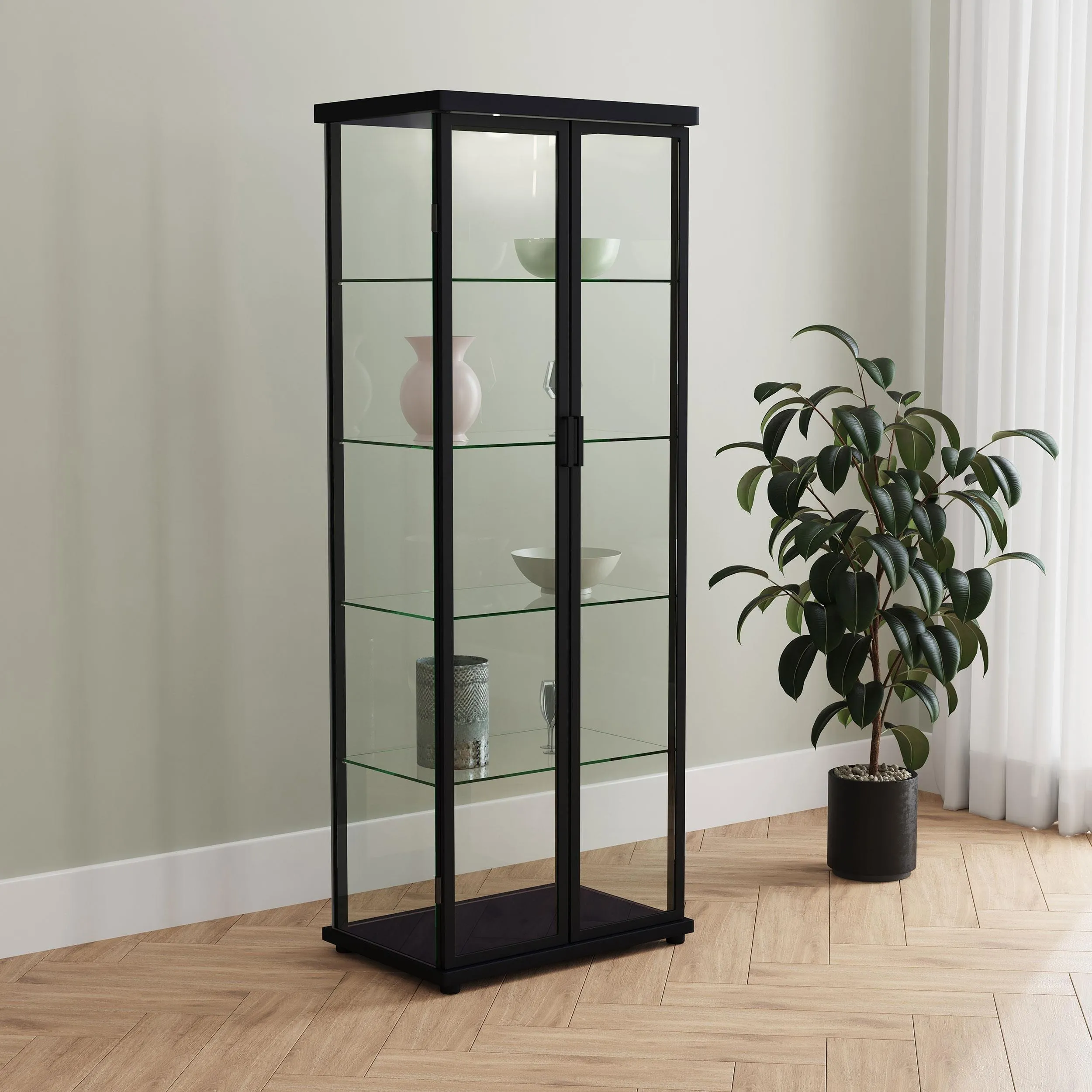 Aero 5-shelf Display Curio Cabinet with LED and Clear Tempered Glass Shelves Black - Image 2