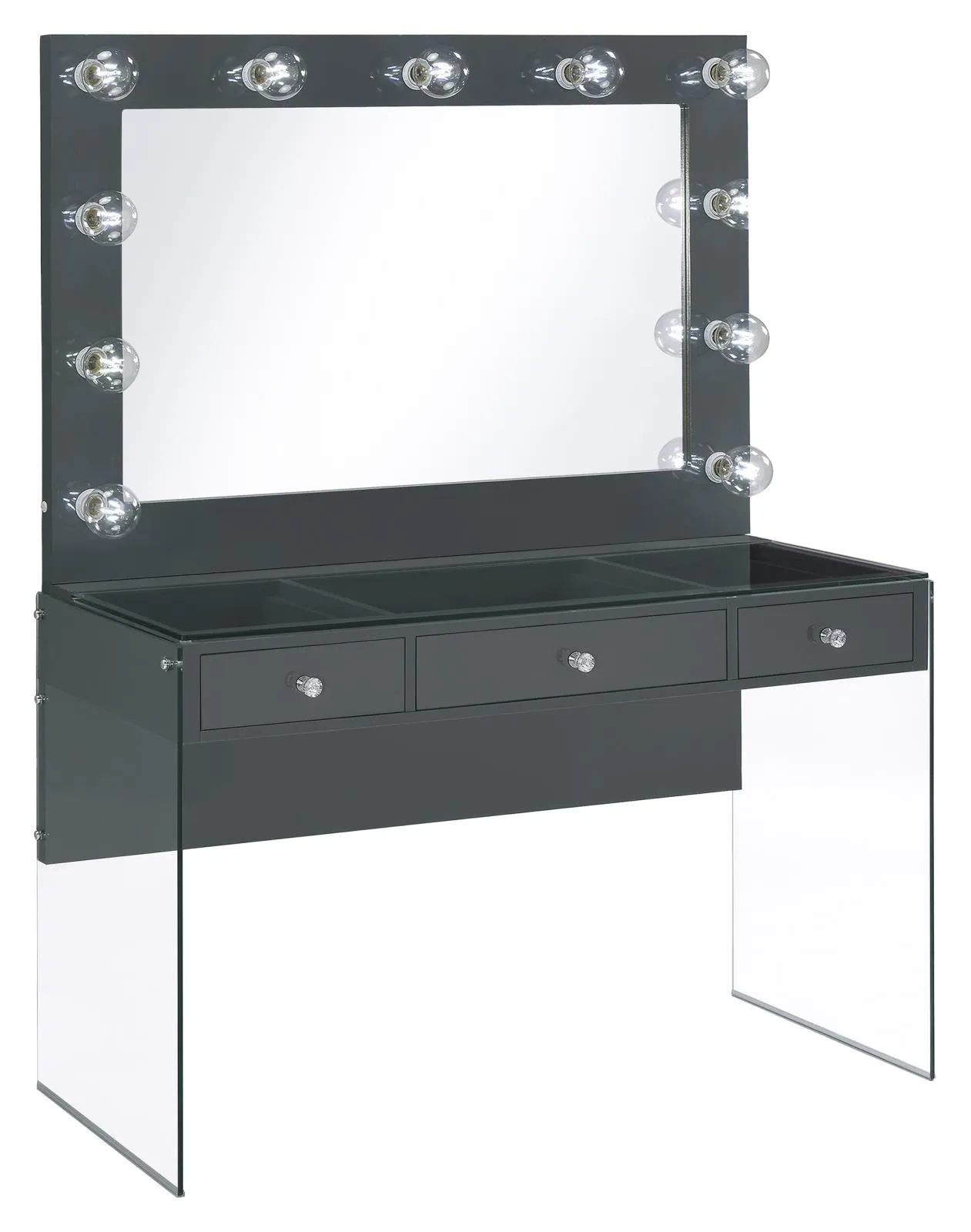 Afshan Gray High Gloss 3-Drawer Vanity Desk with Lighting Mirror - Image 2