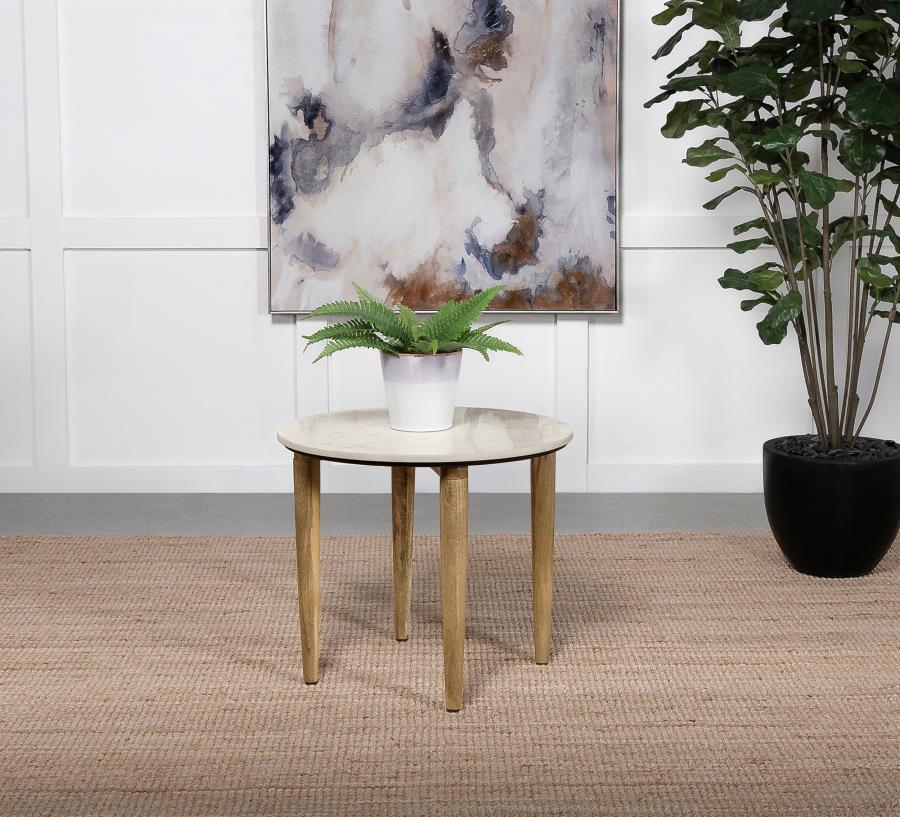 Aldis White and Natural Round Marble Top End Table