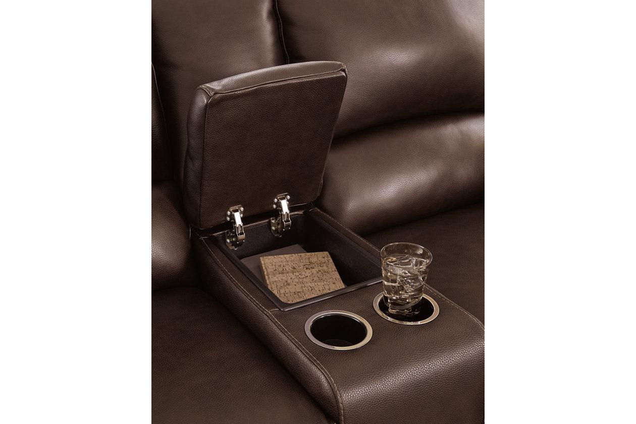 Alessandro Walnut Dual Power Leather Reclining Loveseat with Console - Image 8