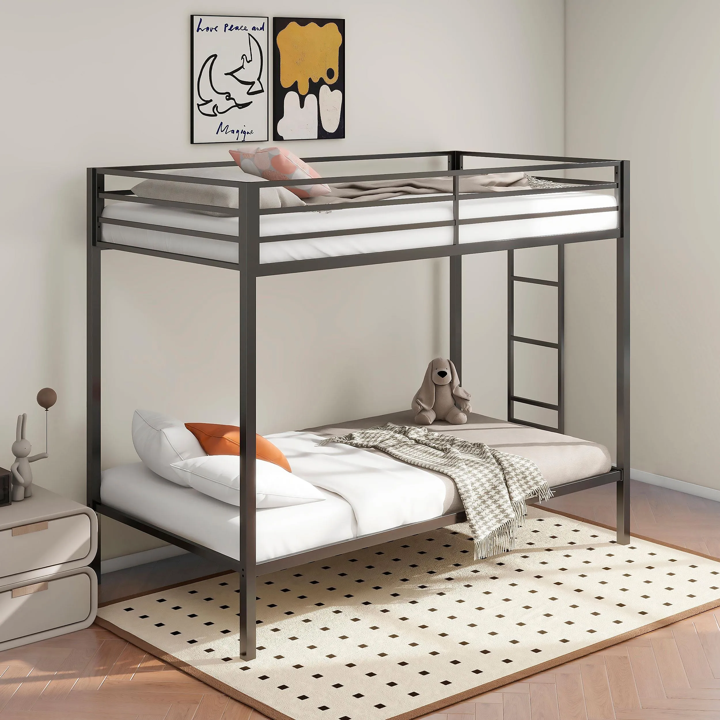Alevera Black Metal Twin Over Twin Bunk Bed with Ladder