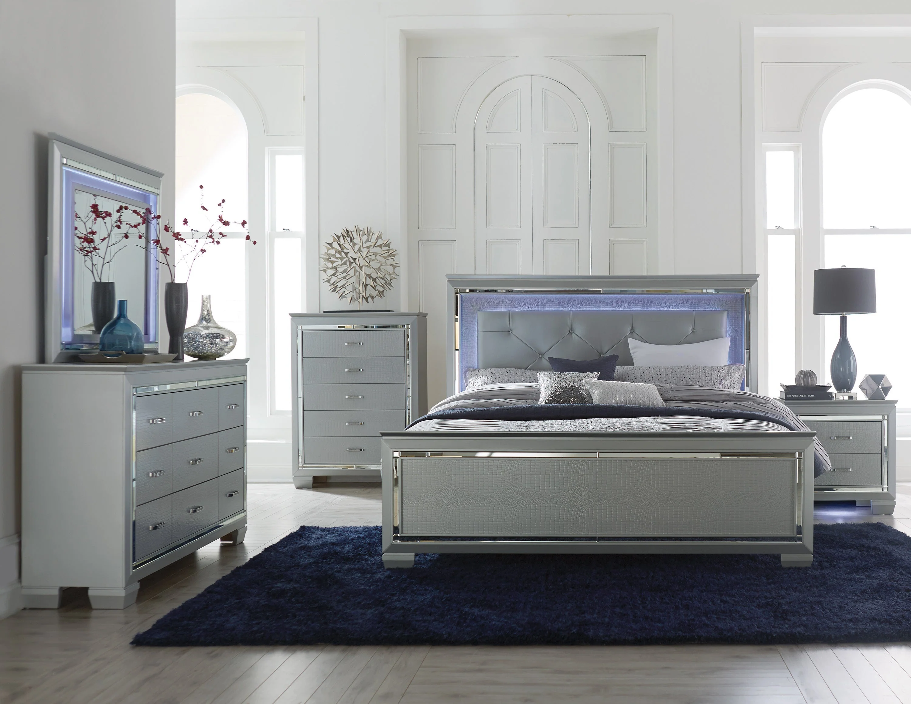 Allura Silver California King LED Upholstered Panel Bed - Image 4