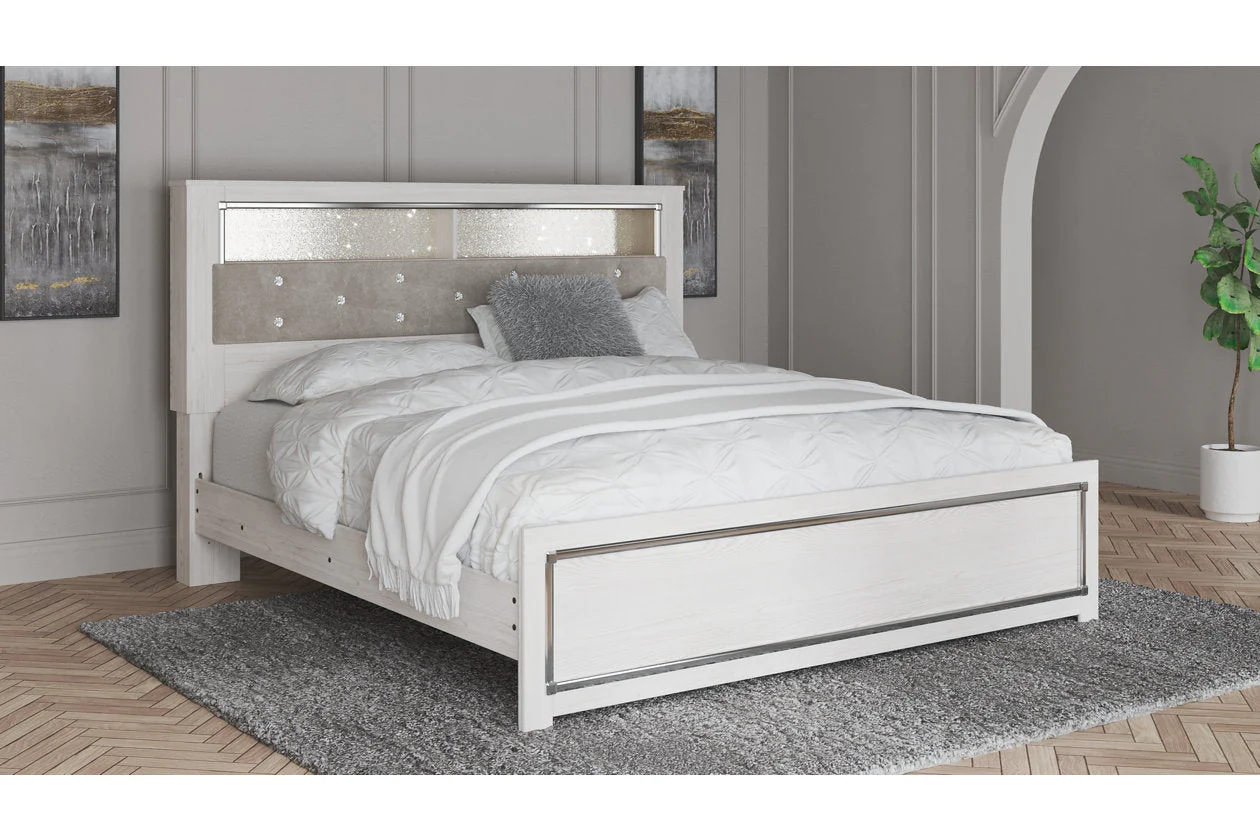 Altyra White King Upholstered LED Bookcase Panel Bed