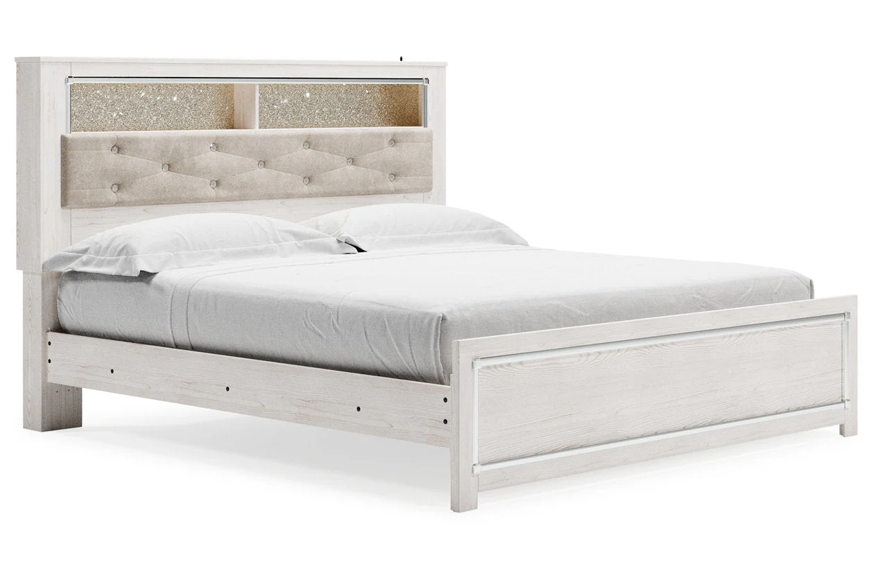 Altyra White King Upholstered LED Bookcase Panel Bed - Image 2