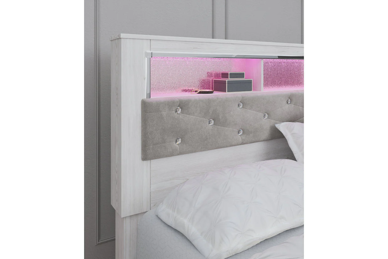 Altyra White King Upholstered LED Bookcase Platform Bed - Image 7