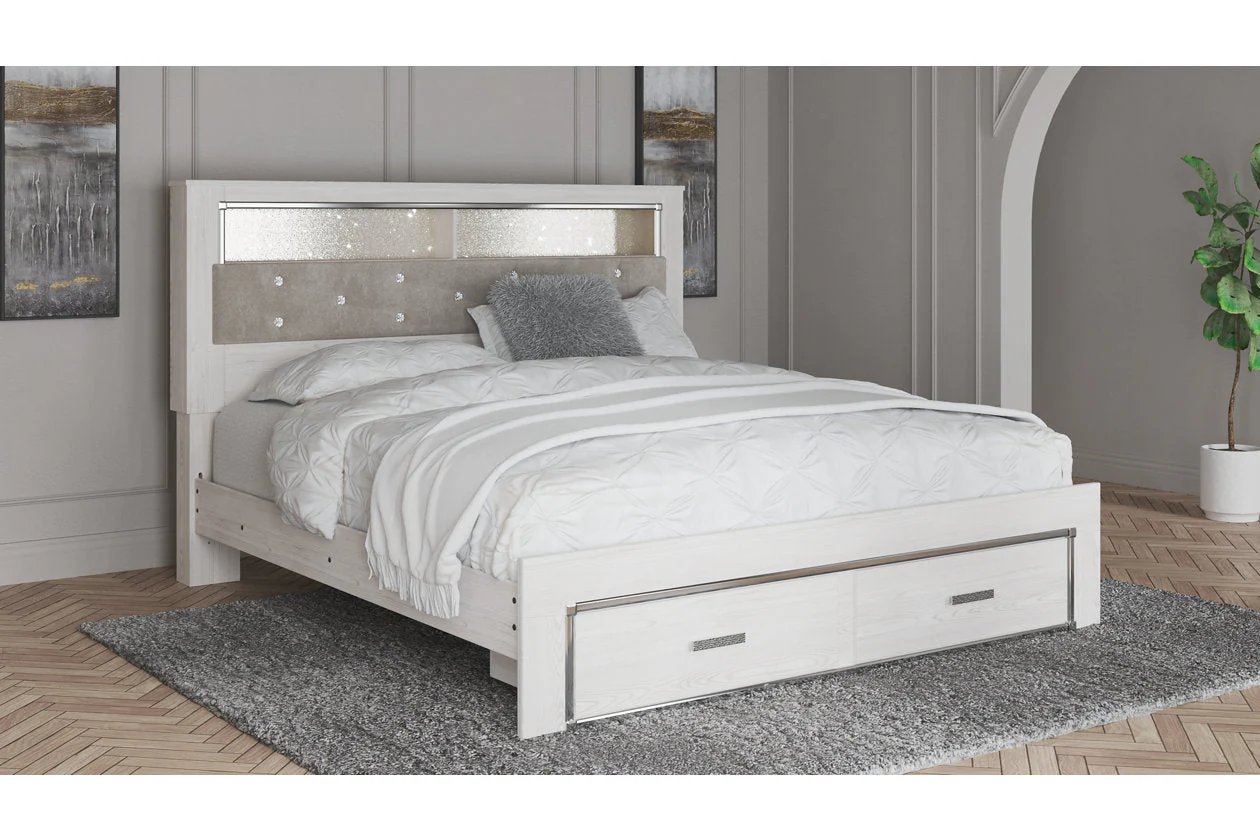 Altyra White King Upholstered LED Bookcase Storage Panel Bed