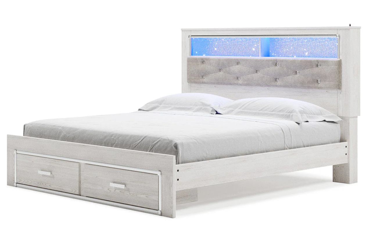 Altyra White King Upholstered LED Bookcase Storage Panel Bed - Image 3