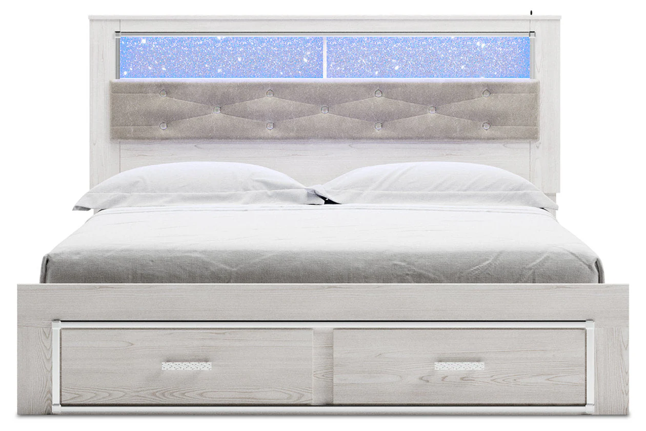 Altyra White King Upholstered LED Bookcase Storage Panel Bed - Image 4