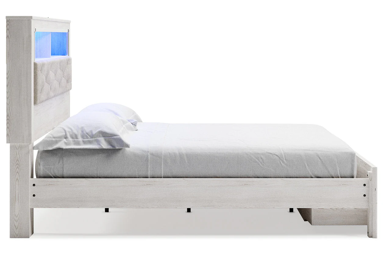 Altyra White King Upholstered LED Bookcase Storage Panel Bed - Image 5