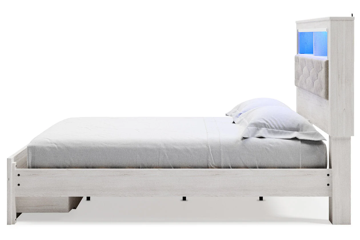 Altyra White King Upholstered LED Bookcase Storage Panel Bed - Image 7