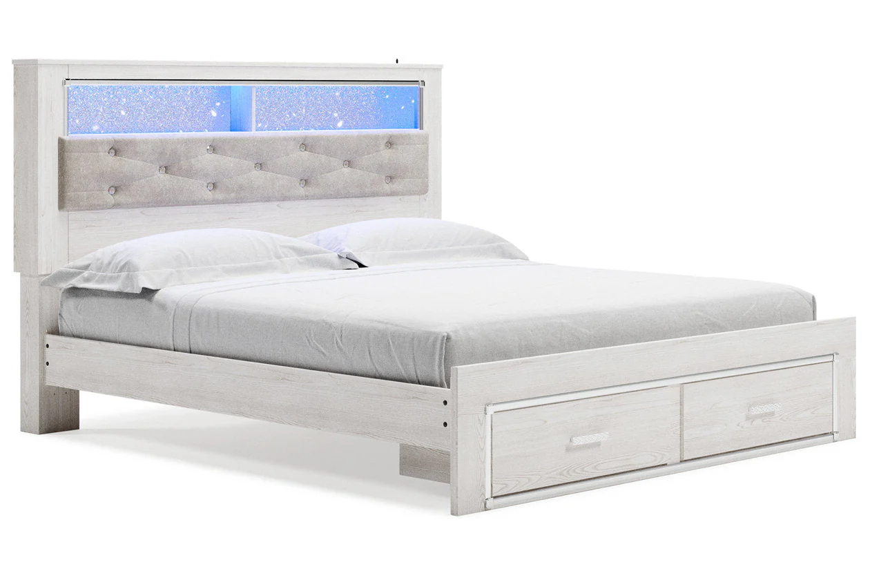 Altyra White King Upholstered LED Bookcase Storage Platform Bed - Image 2