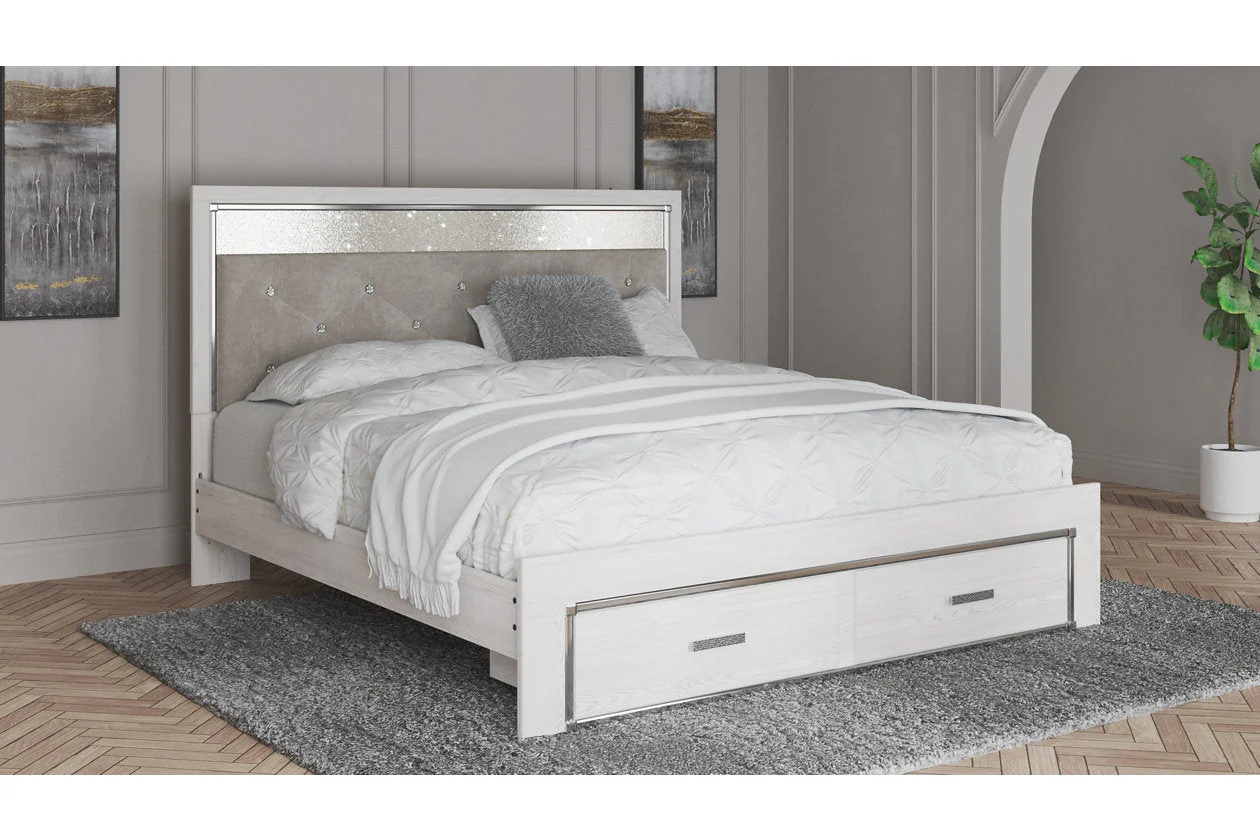 Altyra White King Upholstered Storage Panel Bed