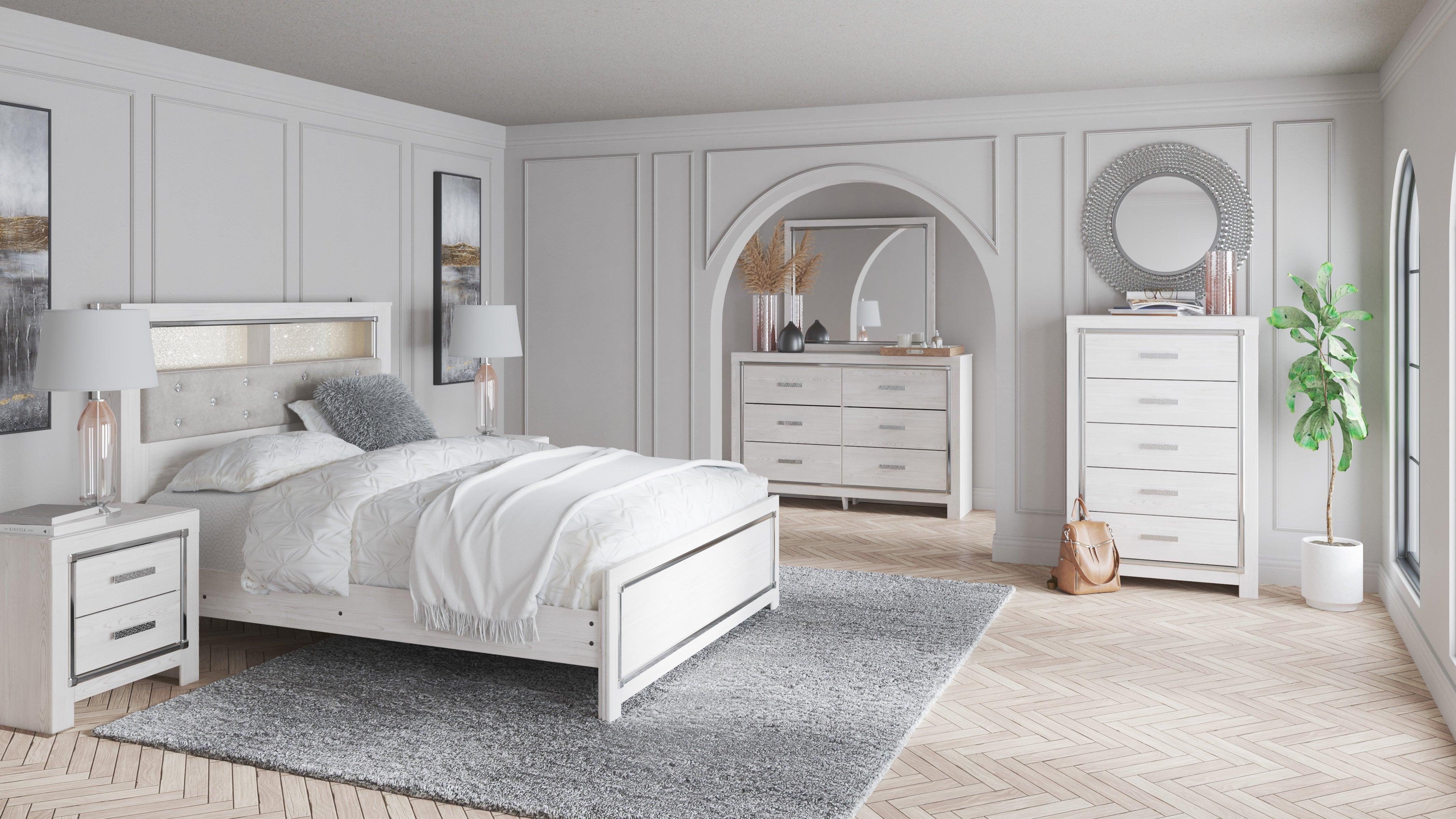 Altyra White LED Bookcase Upholstered Panel Bedroom Set