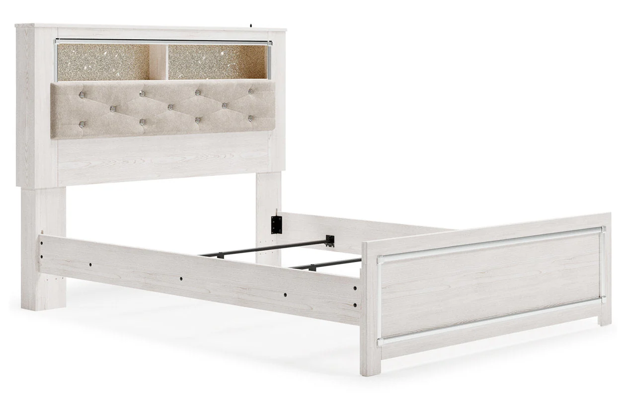 Altyra White Queen Upholstered LED Bookcase Panel Bed - Image 4