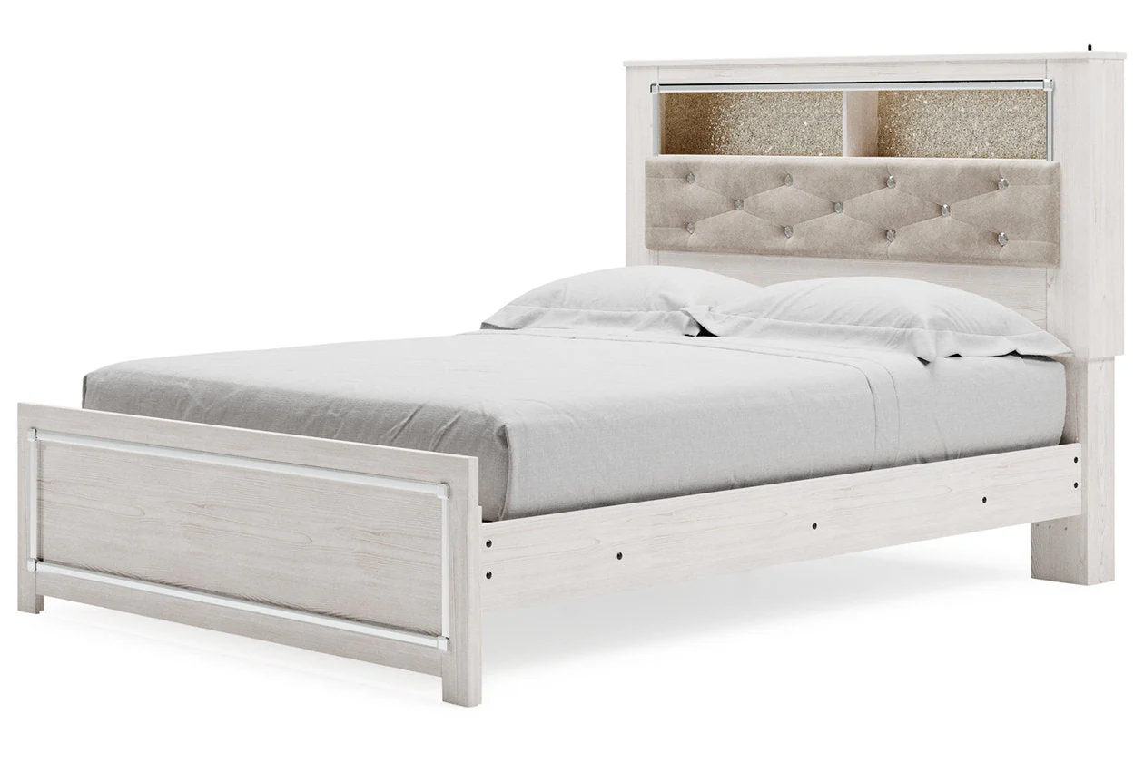 Altyra White Queen Upholstered LED Bookcase Panel Bed - Image 5