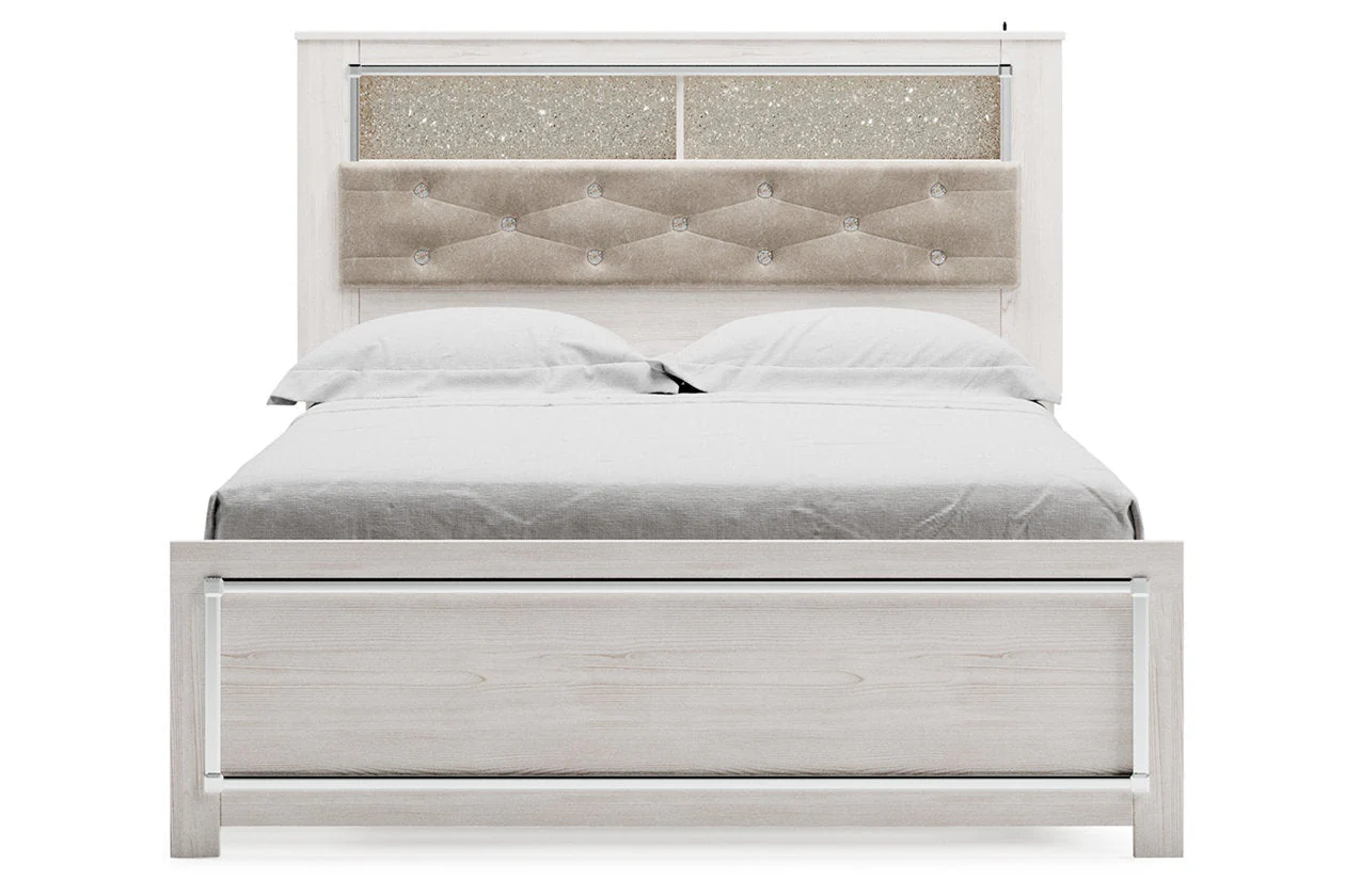 Altyra White Queen Upholstered LED Bookcase Panel Bed - Image 6