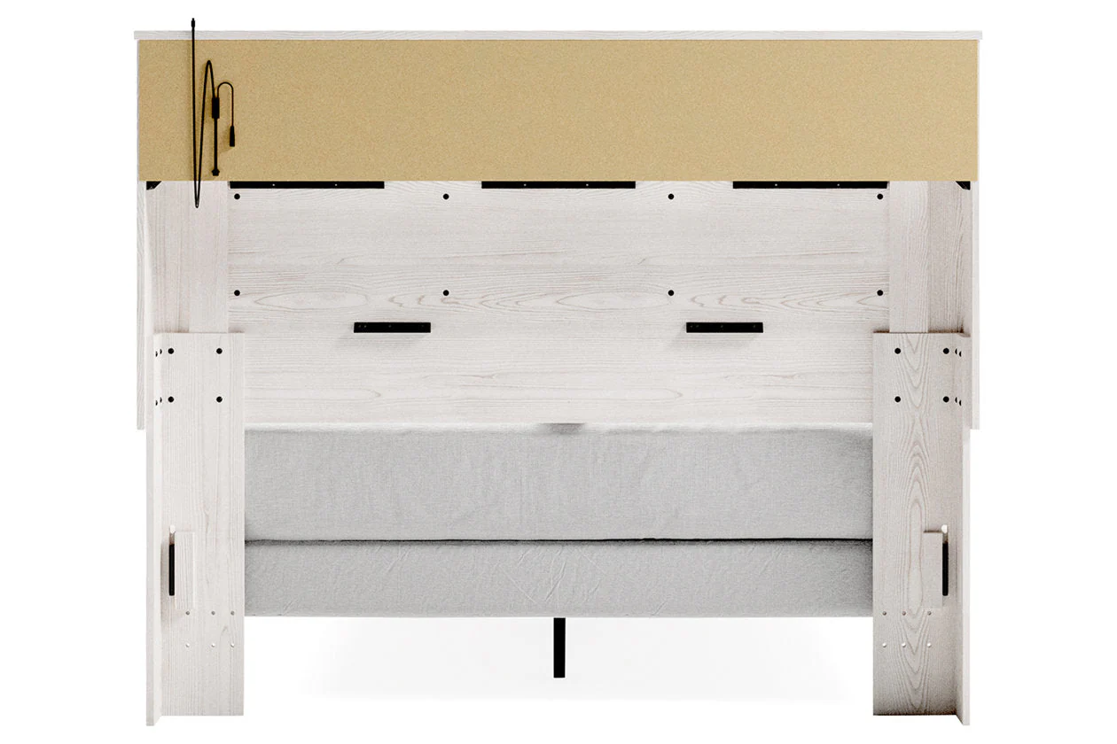 Altyra White Queen Upholstered LED Bookcase Panel Bed - Image 8