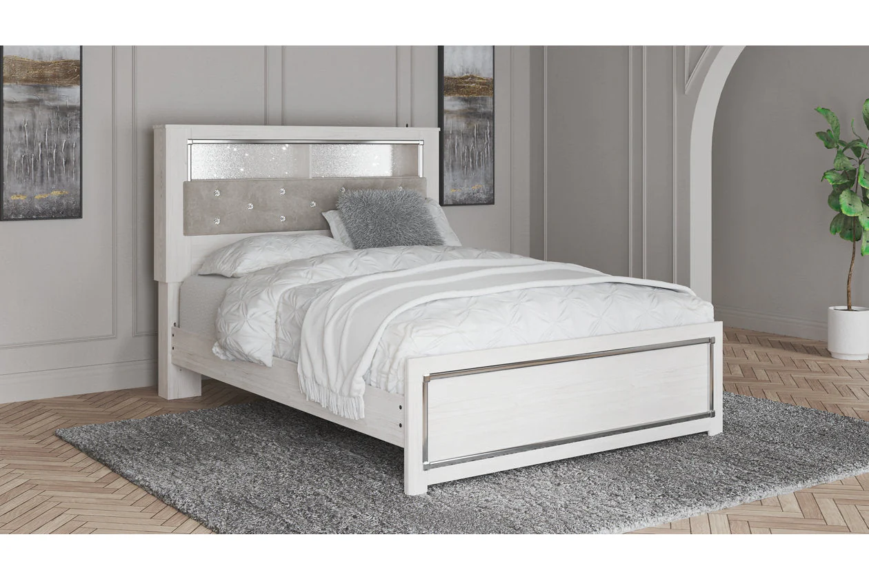 Altyra White Queen Upholstered LED Bookcase Platform Bed