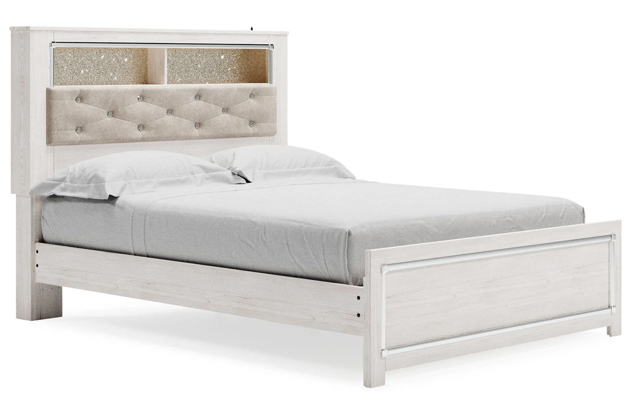 Altyra White Queen Upholstered LED Bookcase Platform Bed - Image 3