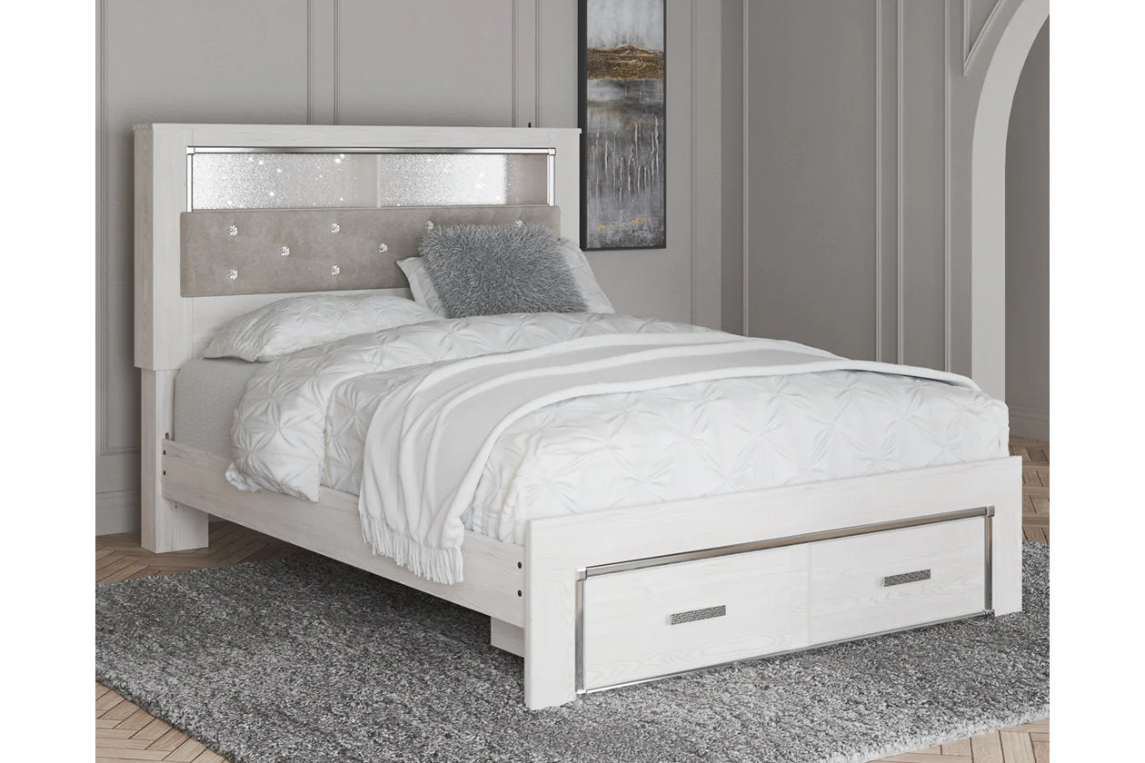 Altyra White Queen Upholstered LED Bookcase Storage Panel Bed