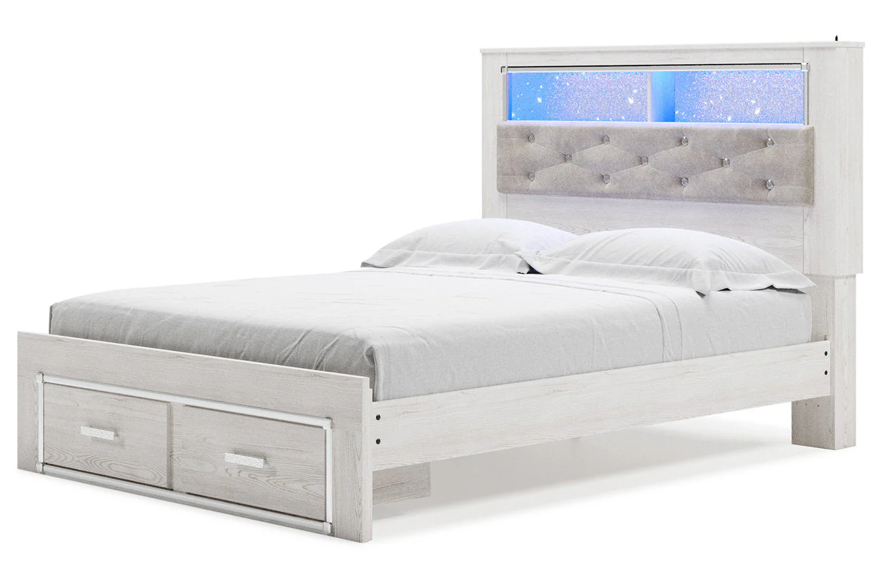 Altyra White Queen Upholstered LED Bookcase Storage Panel Bed - Image 3