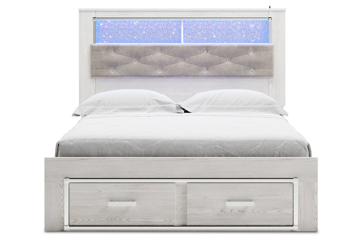 Altyra White Queen Upholstered LED Bookcase Storage Panel Bed - Image 4