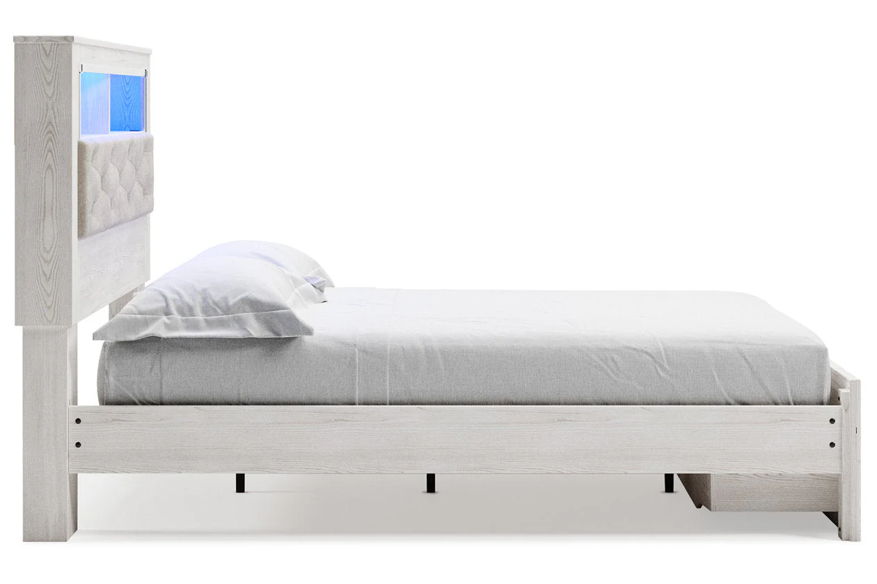 Altyra White Queen Upholstered LED Bookcase Storage Panel Bed - Image 5