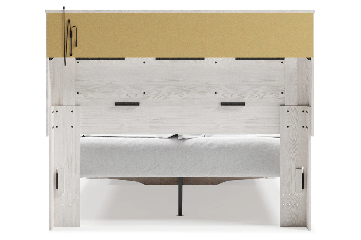 Altyra White Queen Upholstered LED Bookcase Storage Panel Bed - Image 6