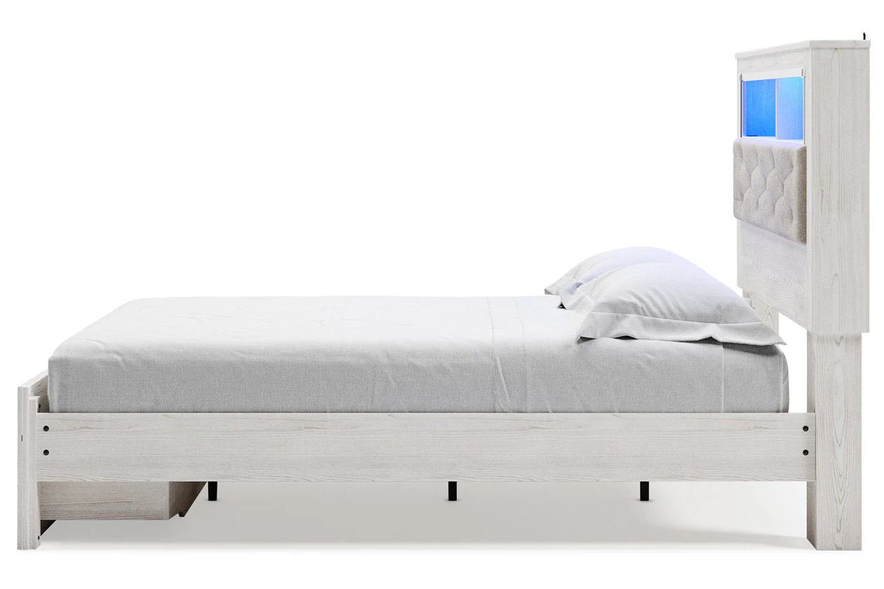 Altyra White Queen Upholstered LED Bookcase Storage Panel Bed - Image 7