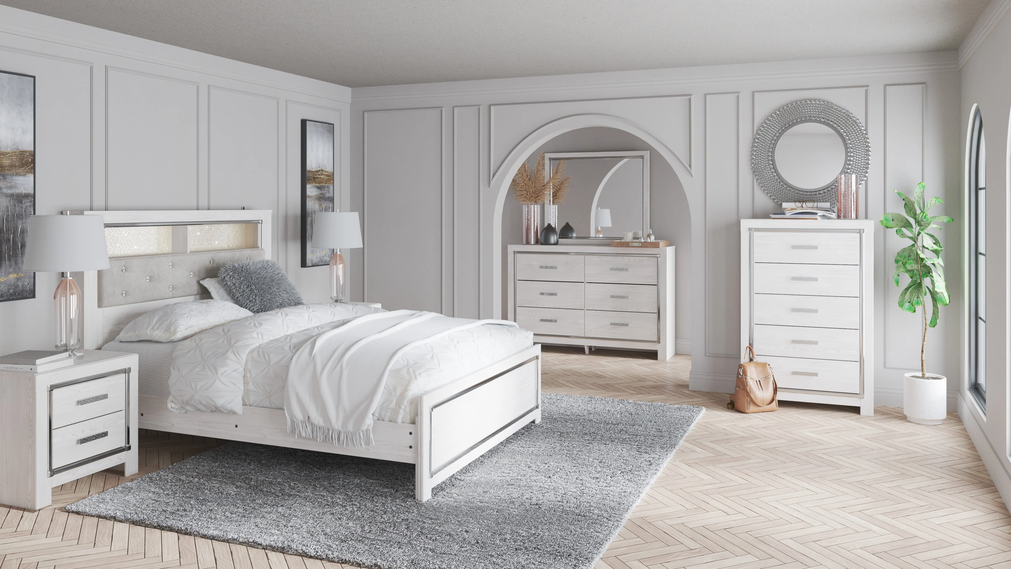 Altyra White Upholstered LED Bookcase Panel Bedroom Set