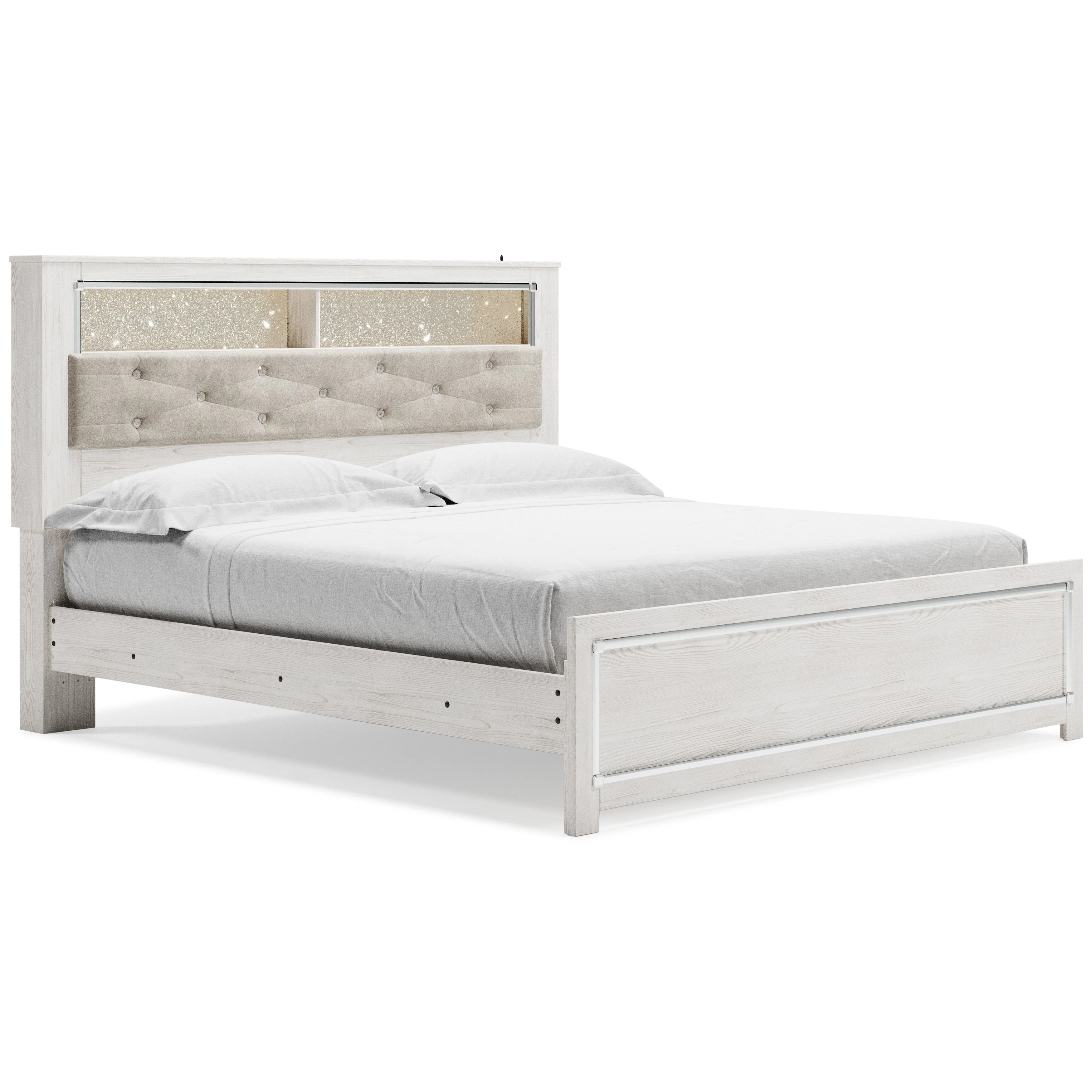 Altyra White Upholstered LED Bookcase Panel Bedroom Set - Image 10