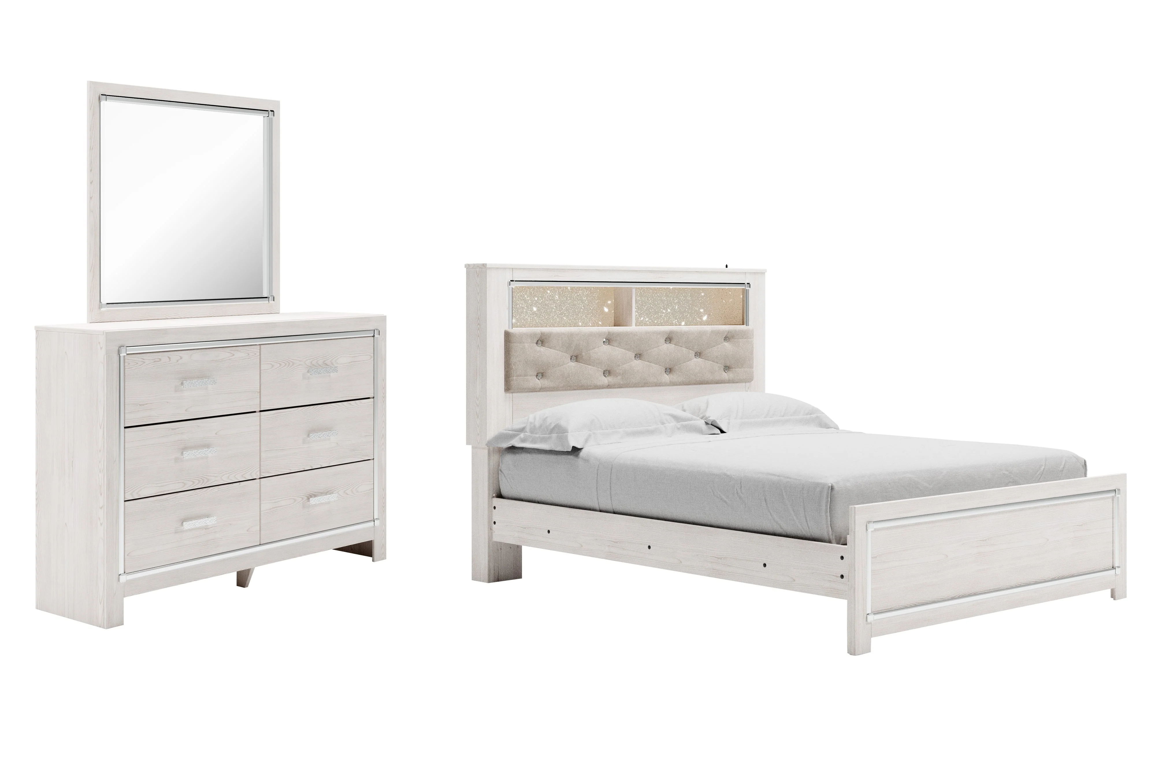 Altyra White Upholstered LED Bookcase Panel Bedroom Set - Image 7