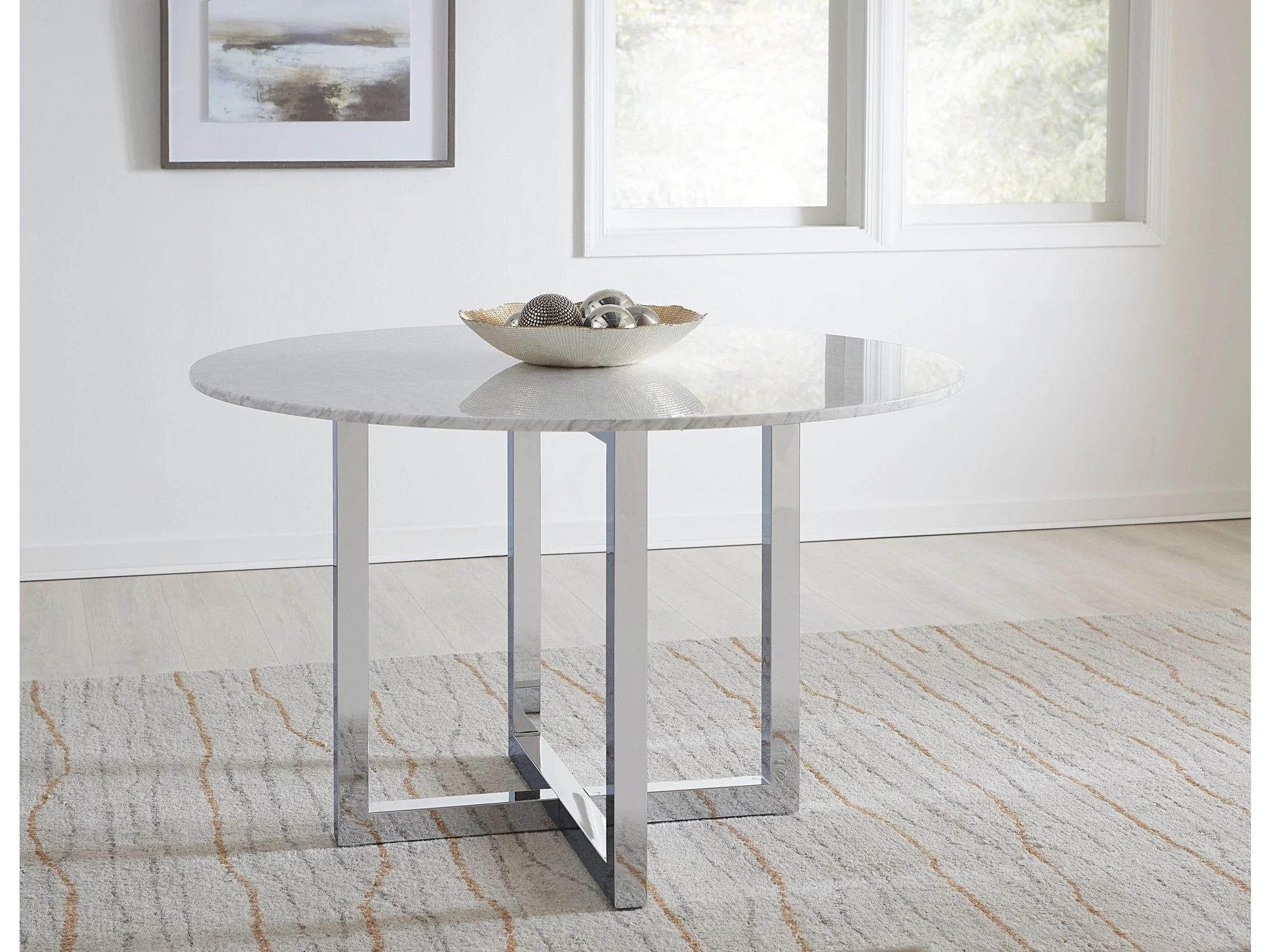 Amalfi 48 inch Round Carrara Marble Top Dining Table with Chrome Base
