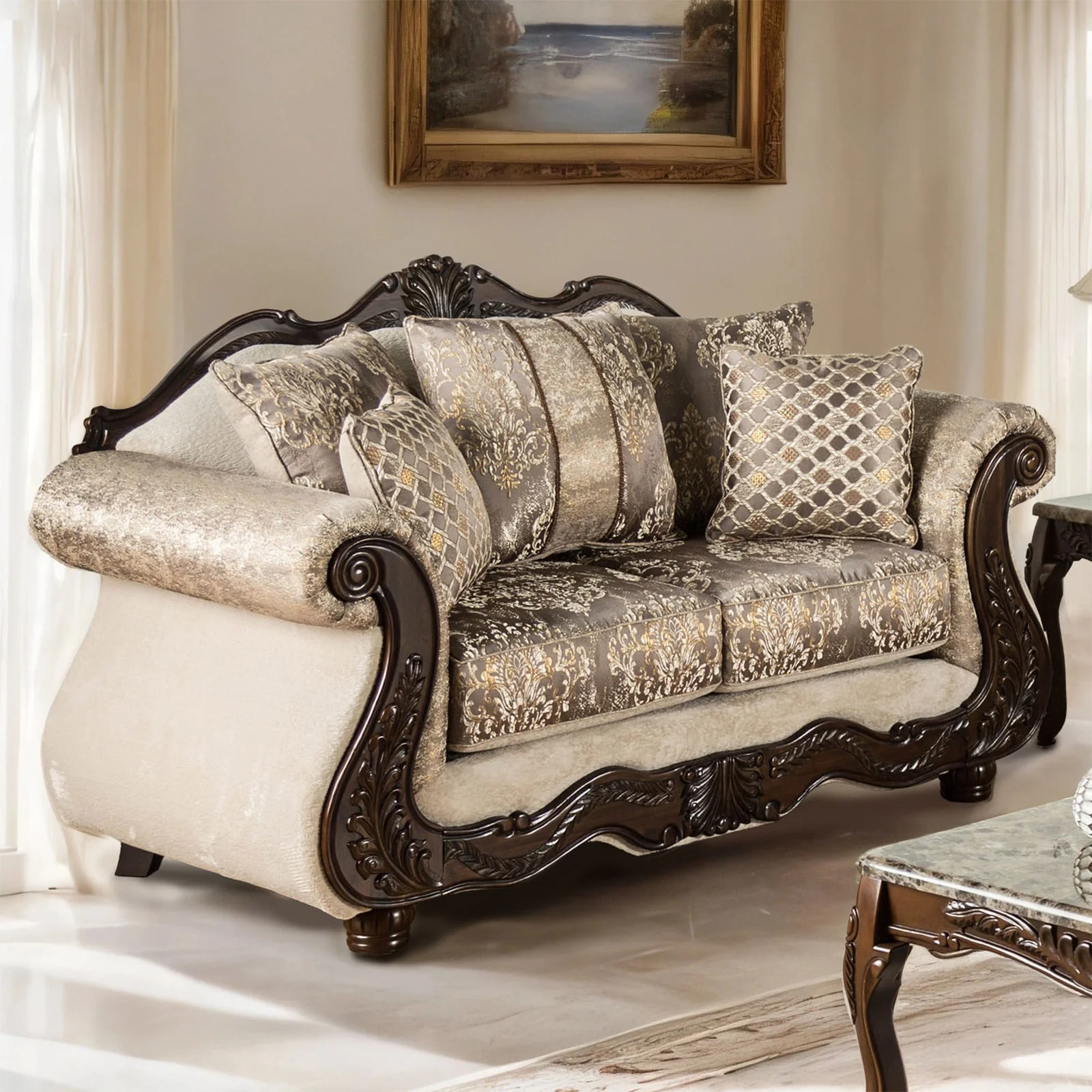 Andalusia Light Brown / Dark Cherry Upholstery Living Room Set - Image 2