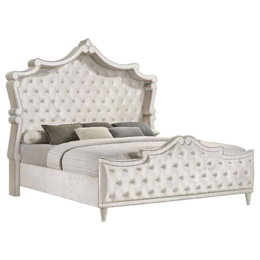 Antonella Ivory/Camel 5-Piece Upholstered Tufted Queen Bedroom Set - Image 3