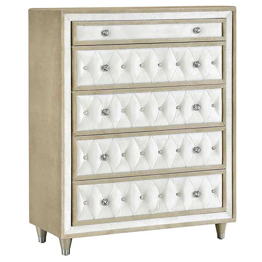 Antonella Ivory/Camel 5-Piece Upholstered Tufted Queen Bedroom Set - Image 6
