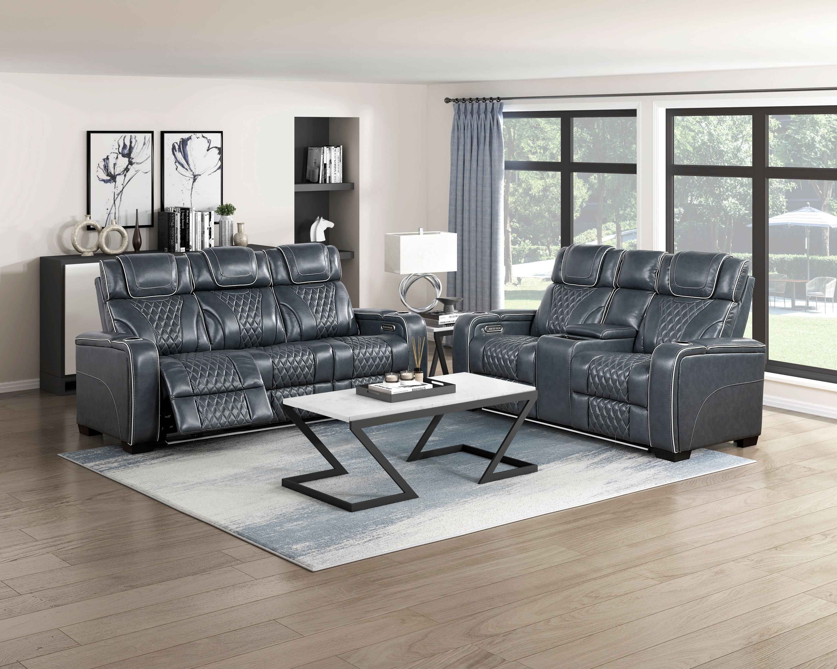 Apex Blue Leather Power Double Reclining Sofa - Image 14