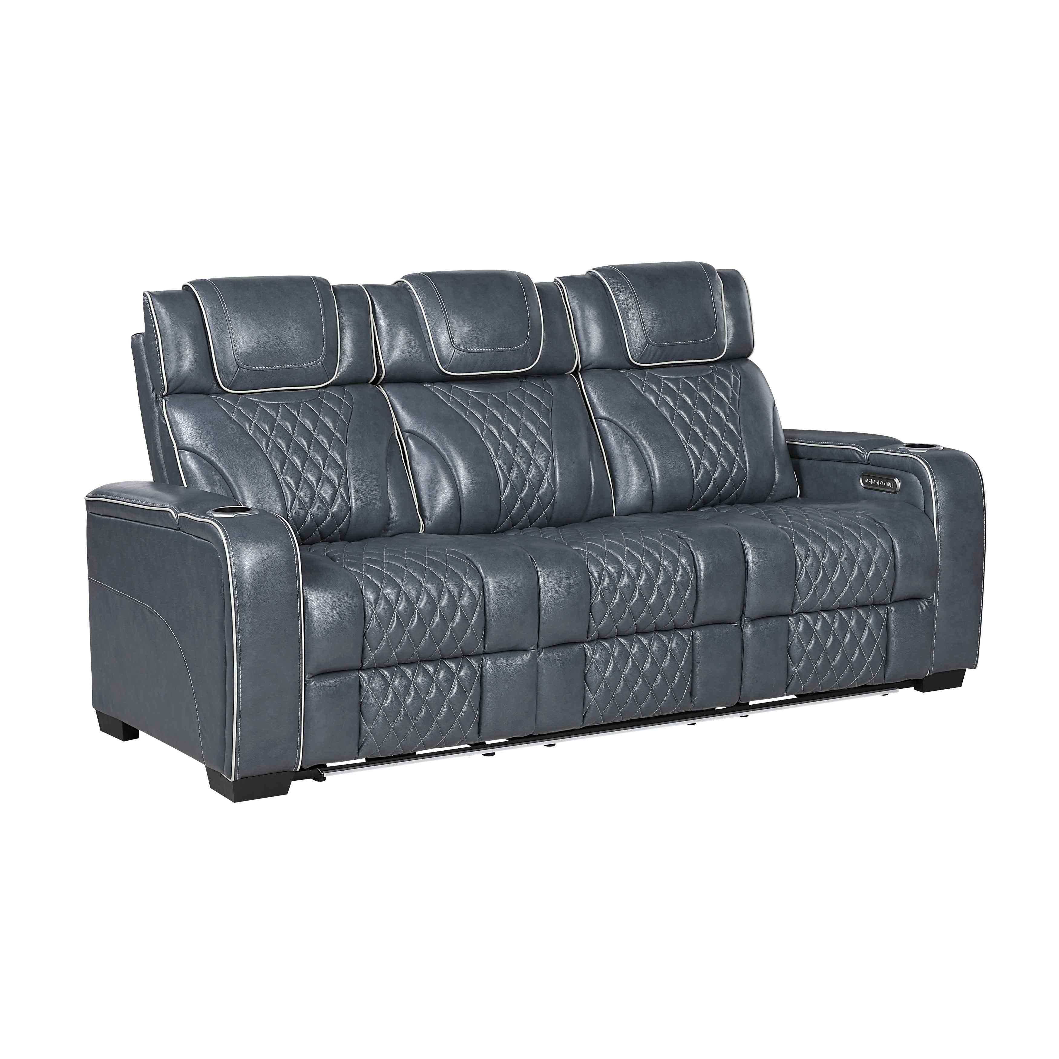 Apex Blue Leather Power Double Reclining Sofa - Image 2