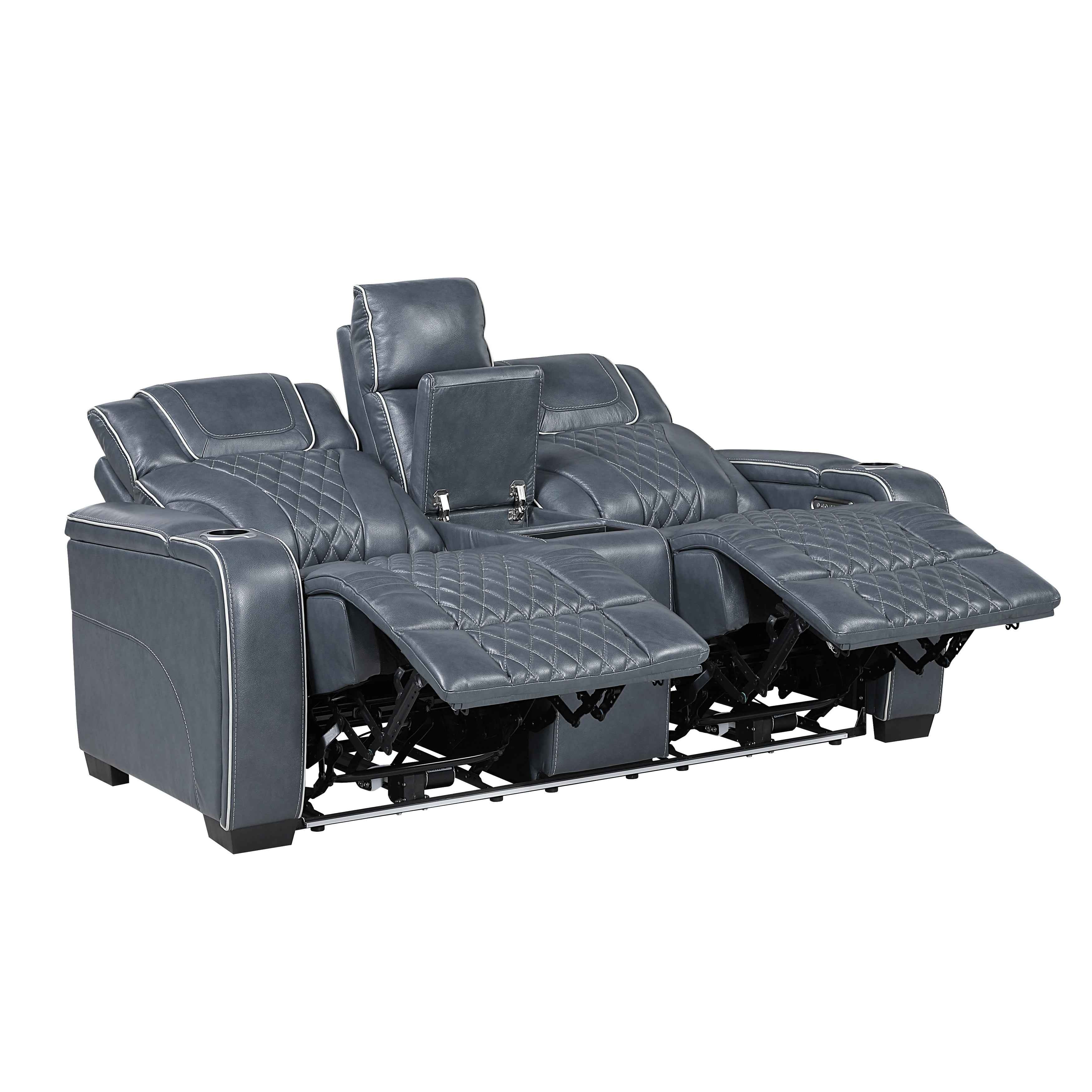 Apex Blue Leather Power Double Reclining Sofa - Image 21