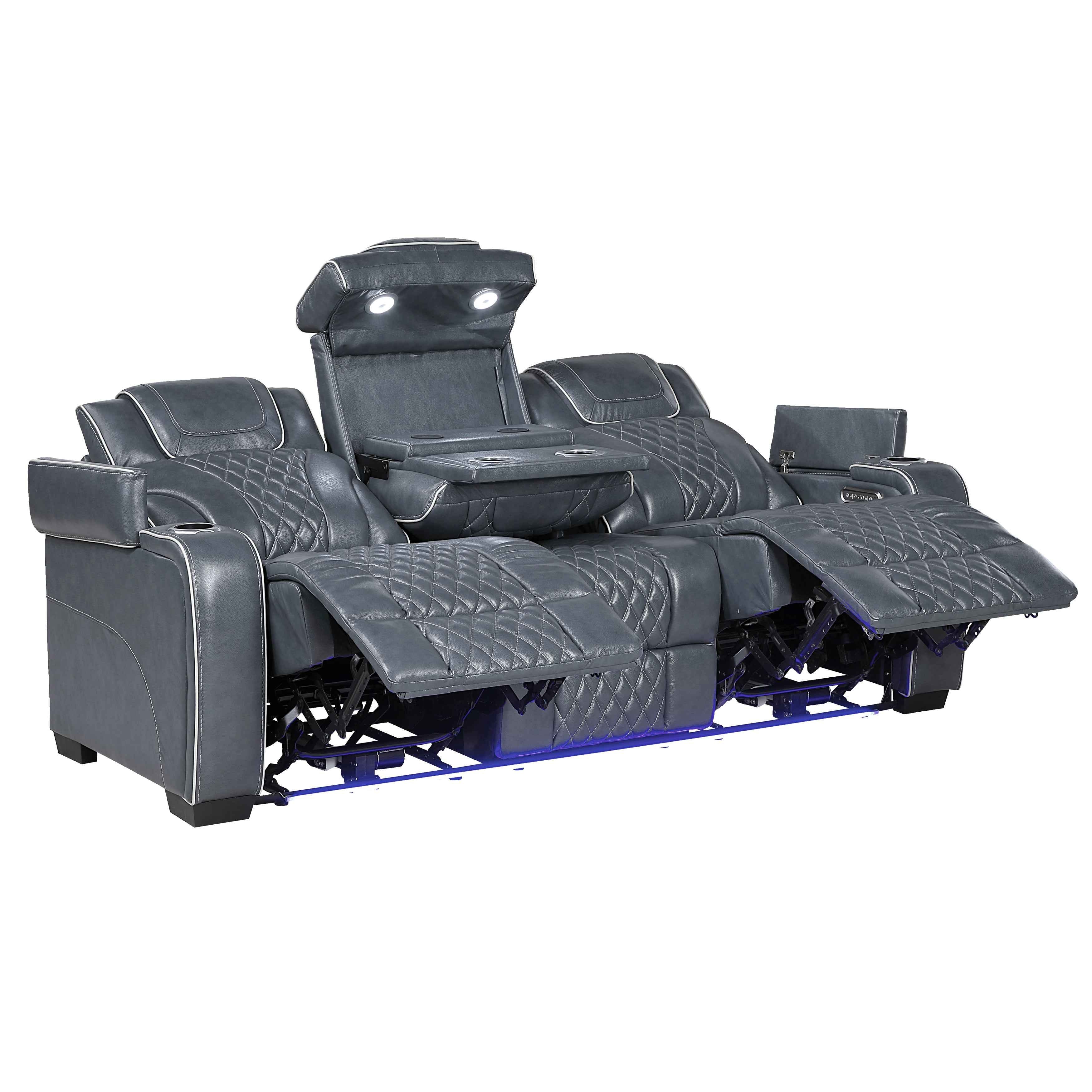 Apex Blue Leather Power Double Reclining Sofa - Image 6